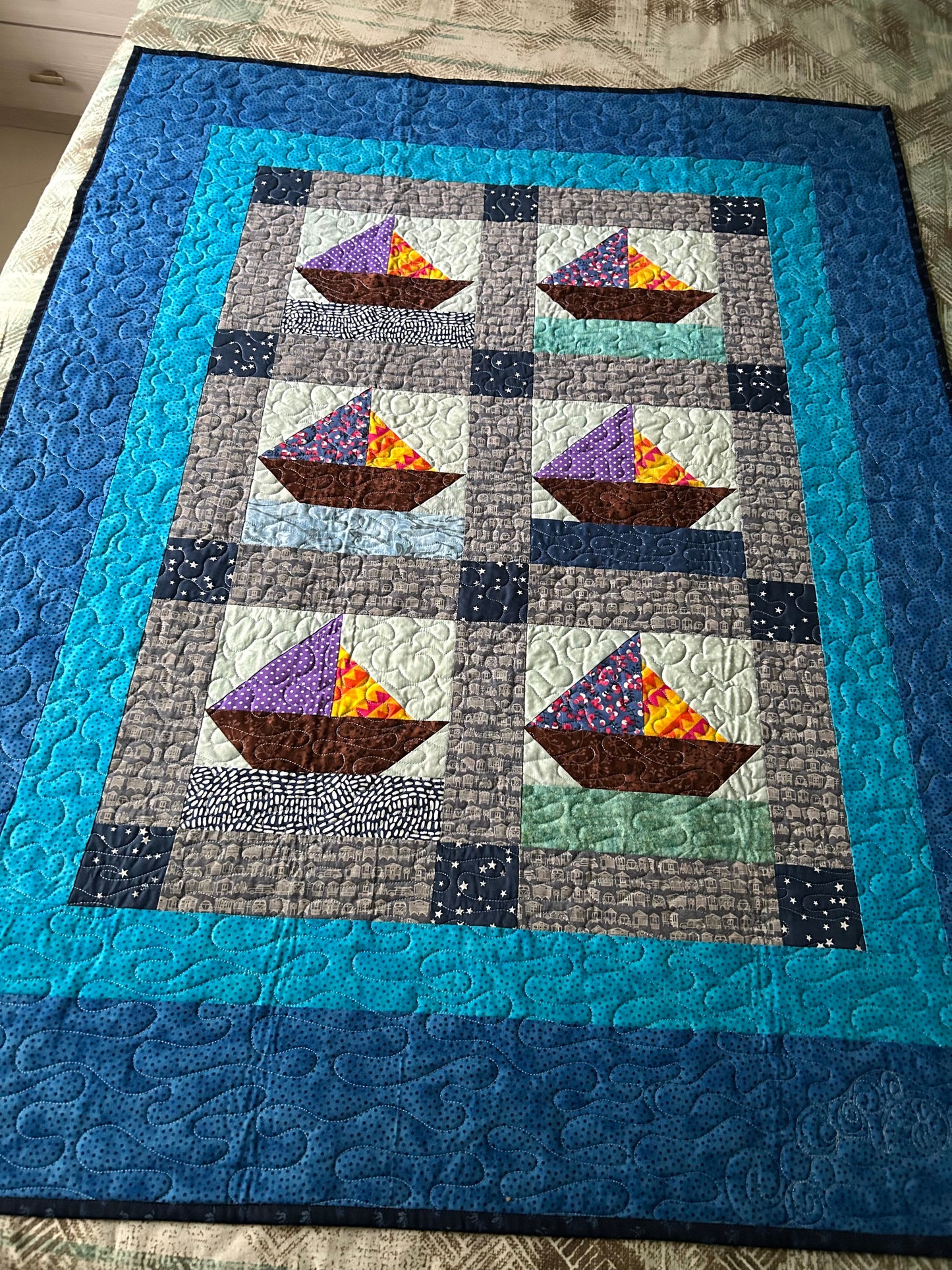 Nautical Baby Quilt – Handmade Ocean & Star Crib Quilt with Sailboat Design