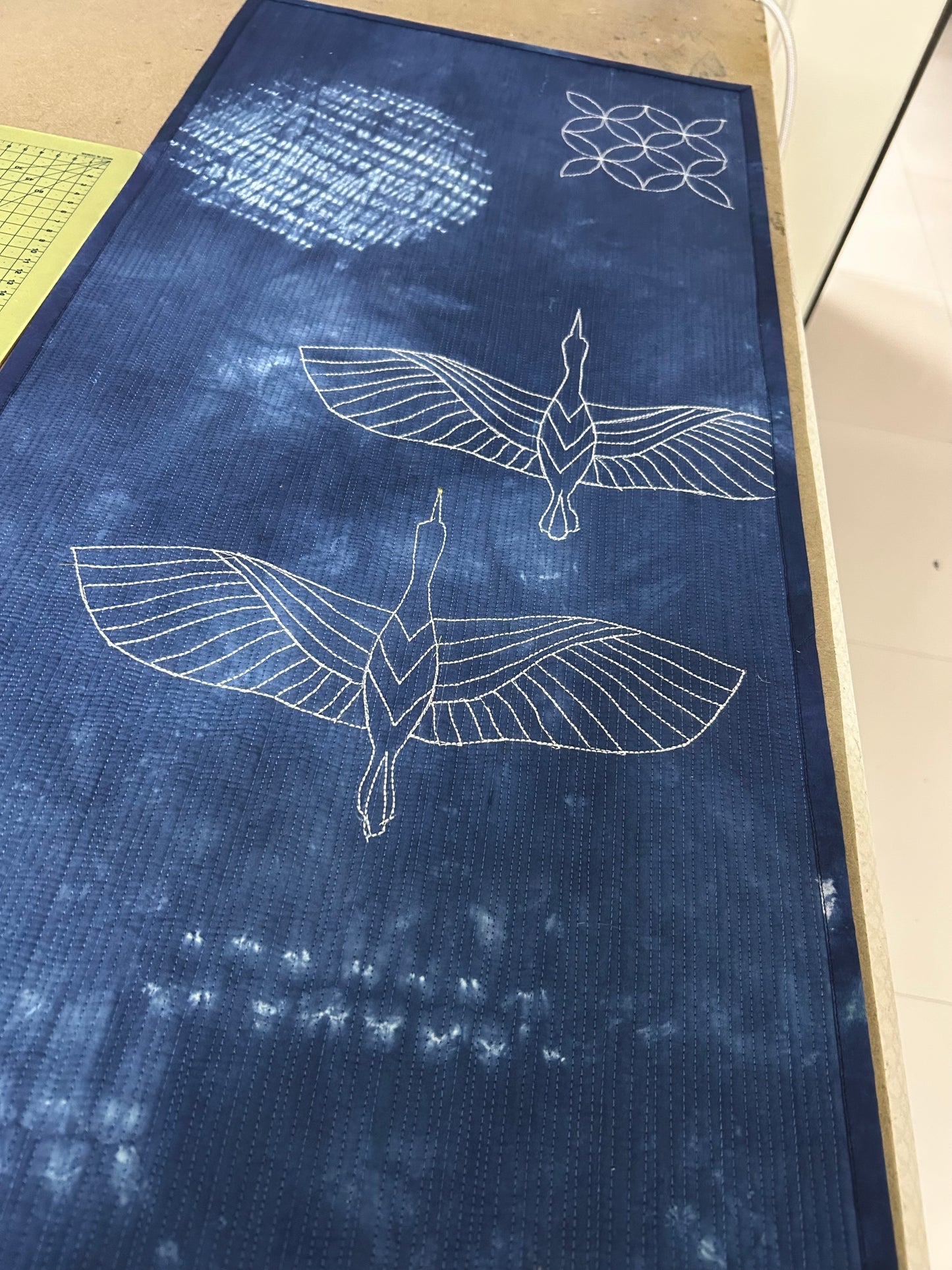 Cranes in Moonlight, Japandi Indigo Wall Art Quilt, Hand Dyed Shibori Textile Art, Modern Quilted Wall Hanging, Sashiko-Inspired art sale