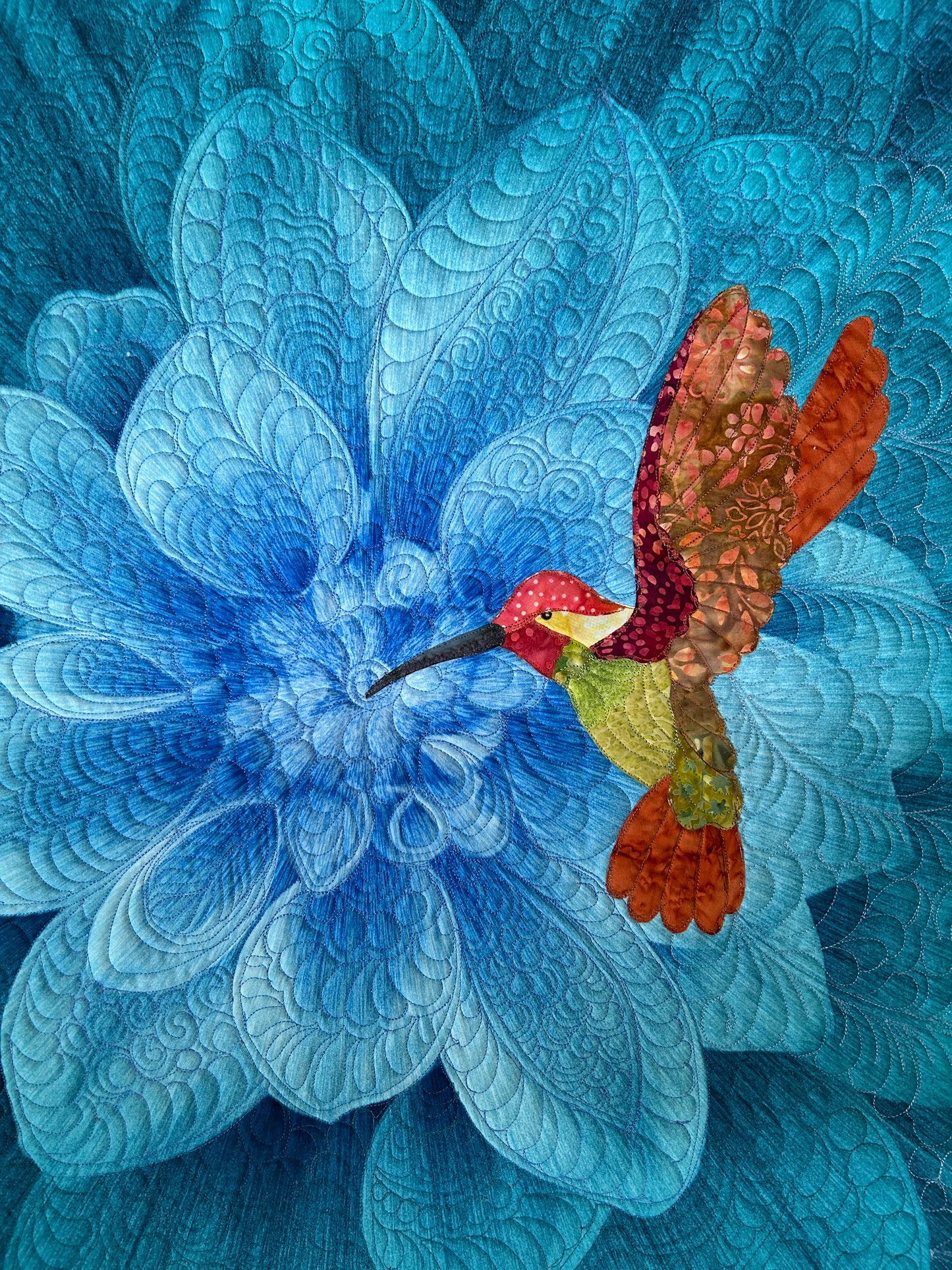 Dahlia flower wall art quilt - Hummingbird Art - Blue floral tapestry