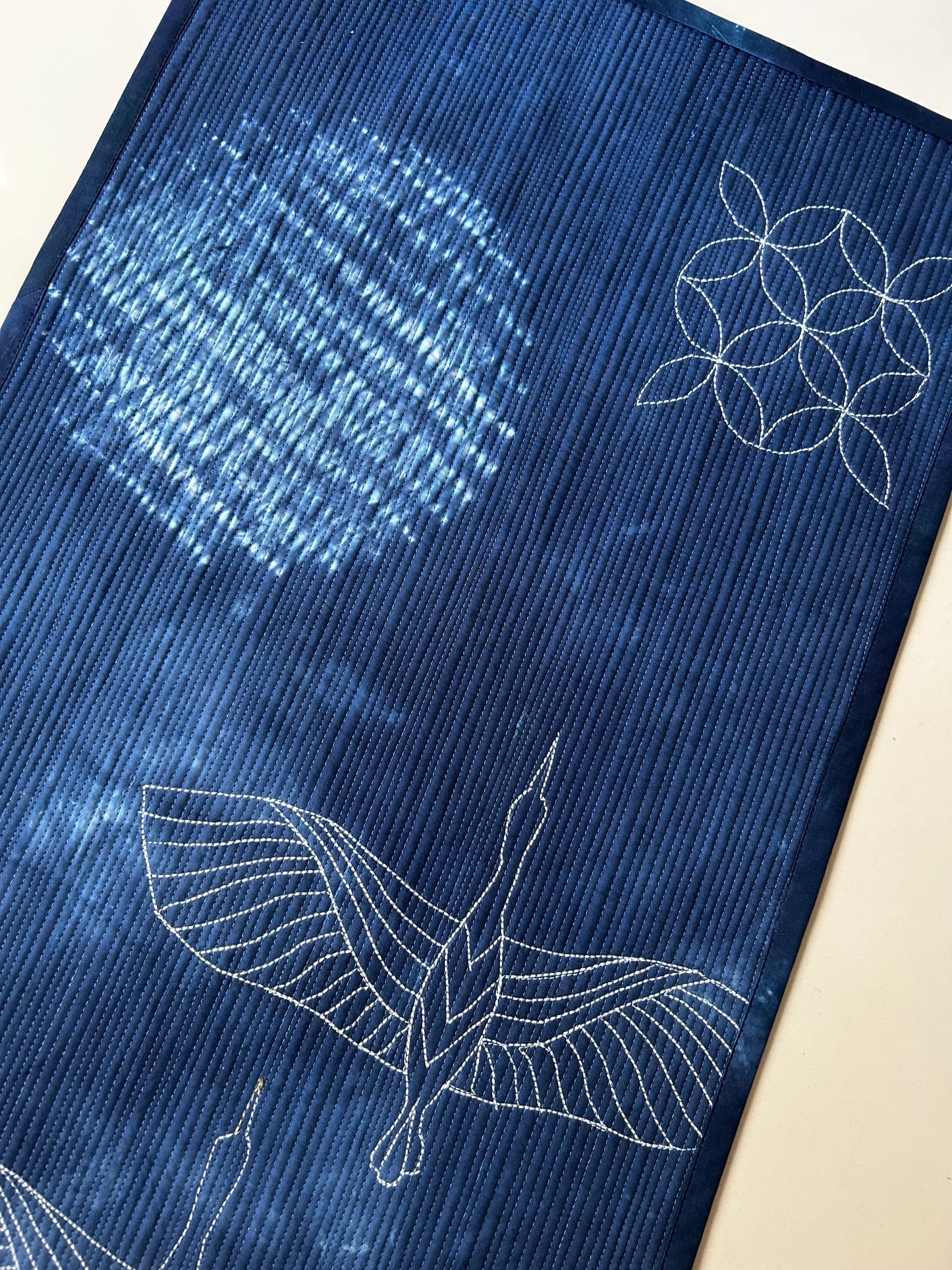 Cranes in Moonlight, Japandi Indigo Wall Art Quilt, Hand Dyed Shibori Textile Art, Modern Quilted Wall Hanging, Sashiko-Inspired art sale