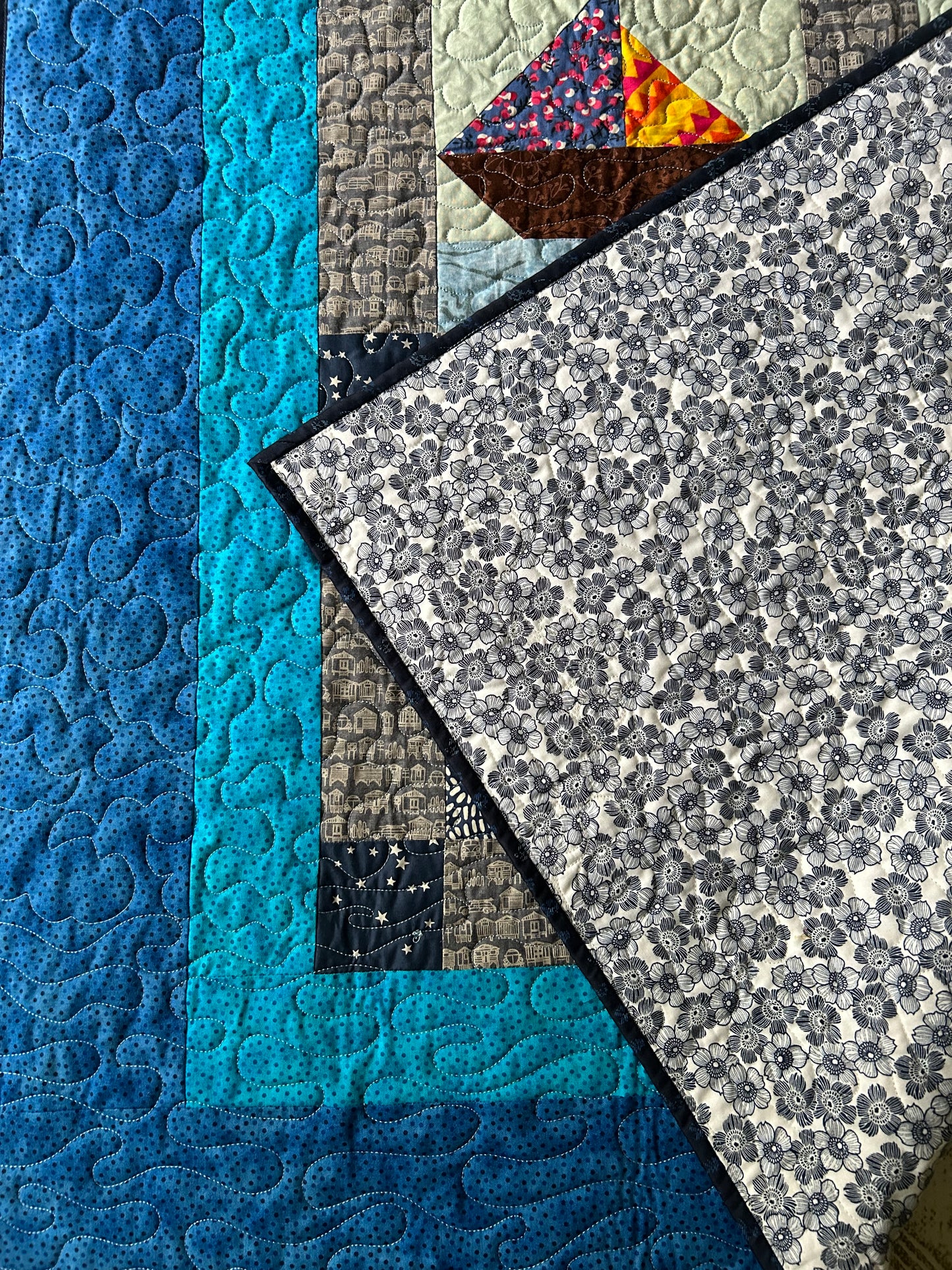 Nautical Baby Quilt – Handmade Ocean & Star Crib Quilt with Sailboat Design