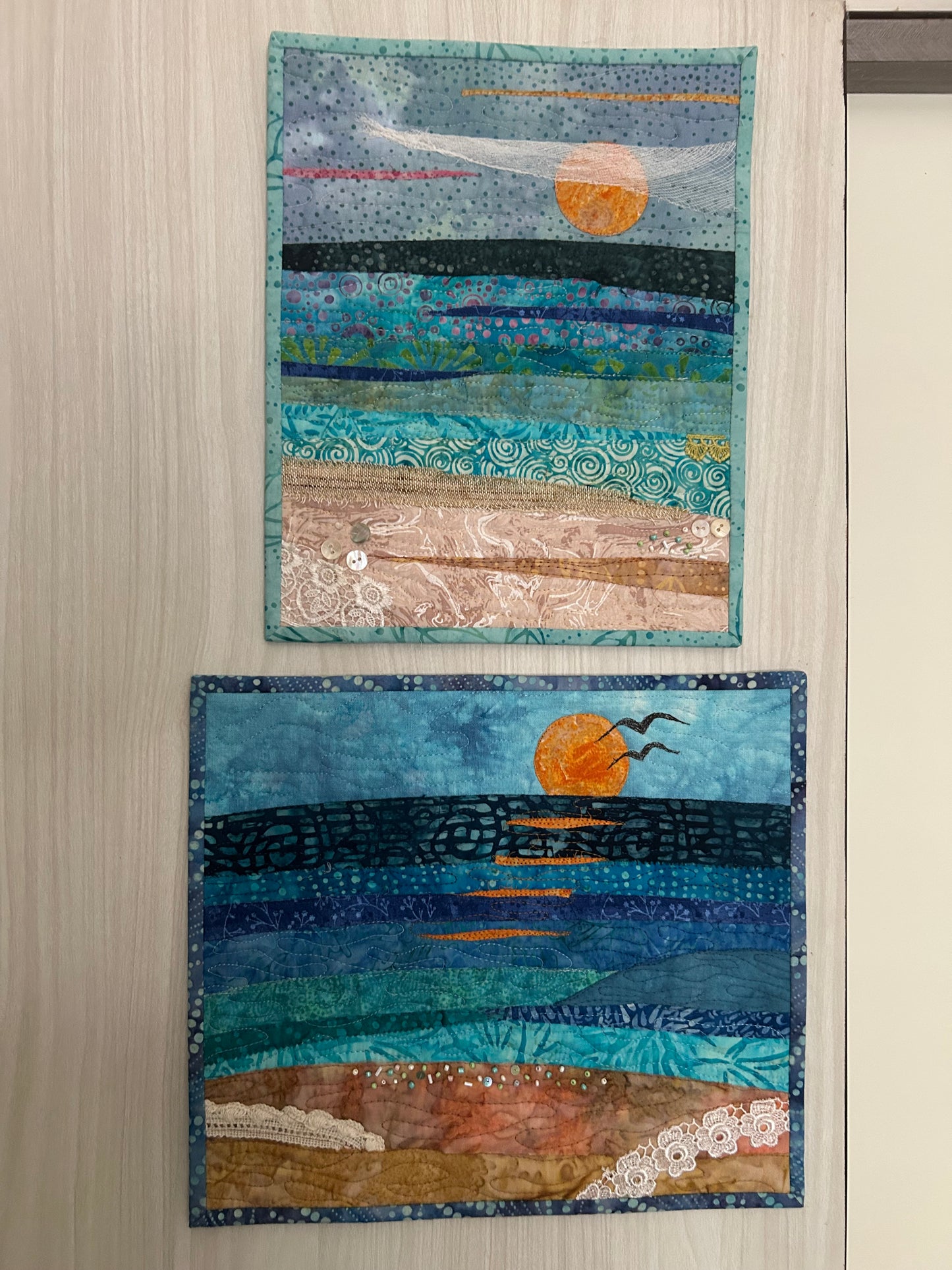 seascape, sunset fiber art, oceanic art, farmable wall decor, ocean dreams, beach house decor, beach fiber art, art quilt sale, artsy gift