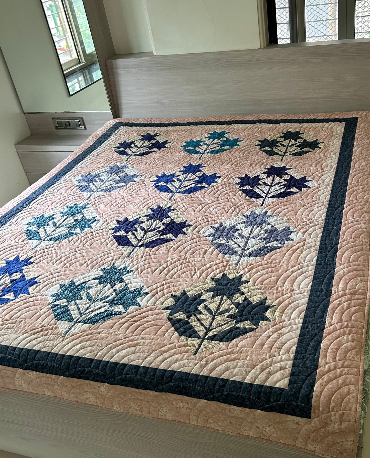 Handmade Blue and Cream Queen Size Patchwork Quilt