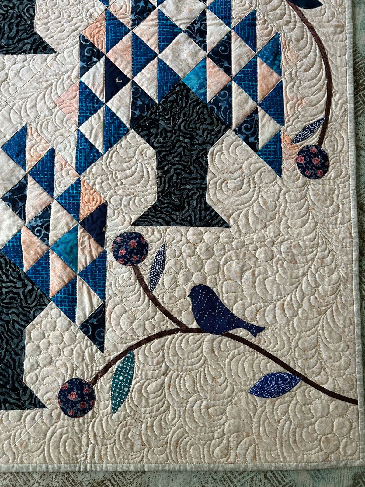 Tree of Life Quilted Wall Hanging – Blue & White Bird and Tree Art Quilt