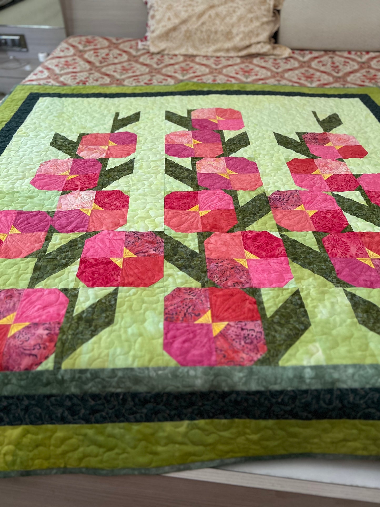 Hollyhocks Throw Quilt, 60 Inch Square Floral Quilt, Handmade Batik Quilt, Quilted Throw Blanket