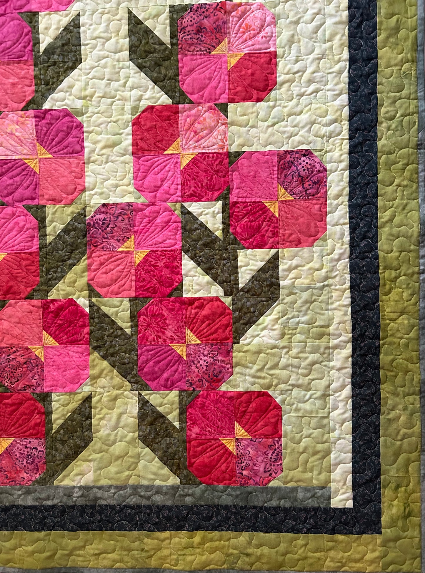 Hollyhocks Throw Quilt, 60 Inch Square Floral Quilt, Handmade Batik Quilt, Quilted Throw Blanket