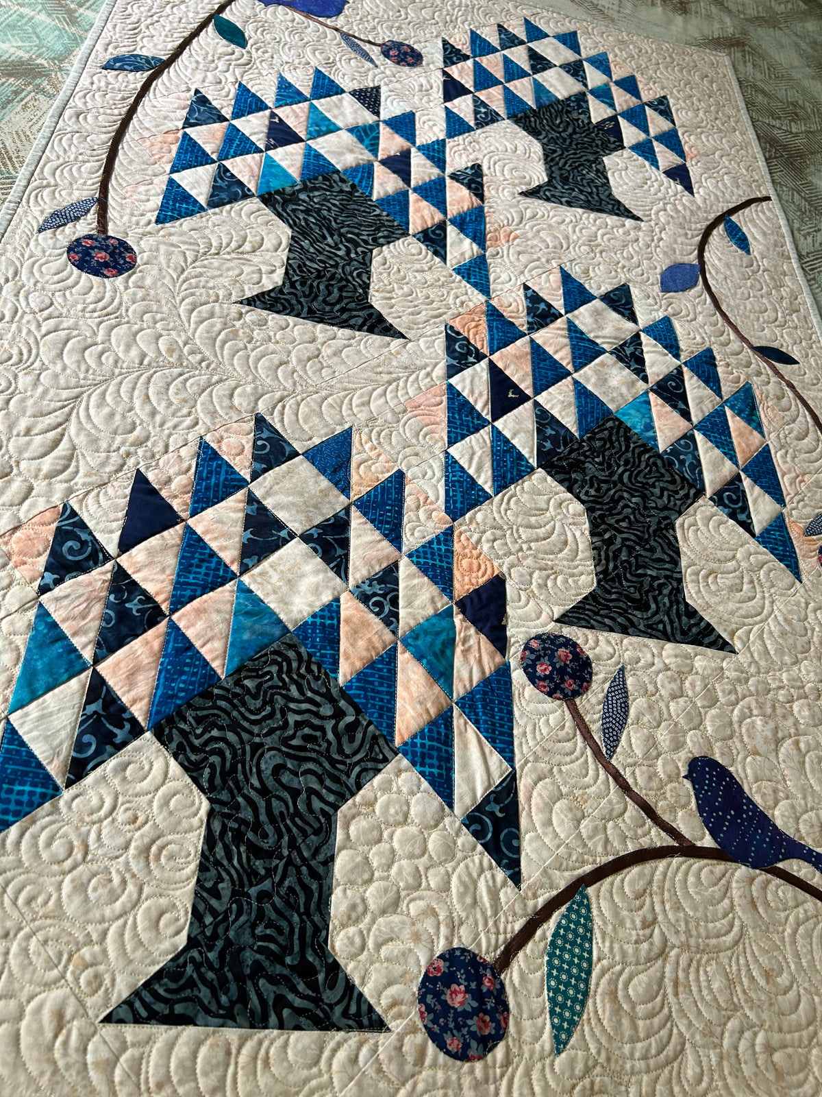Tree of Life Quilted Wall Hanging – Blue & White Bird and Tree Art Quilt
