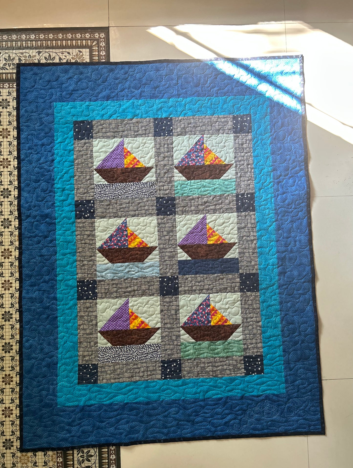 Nautical Baby Quilt – Handmade Ocean & Star Crib Quilt with Sailboat Design