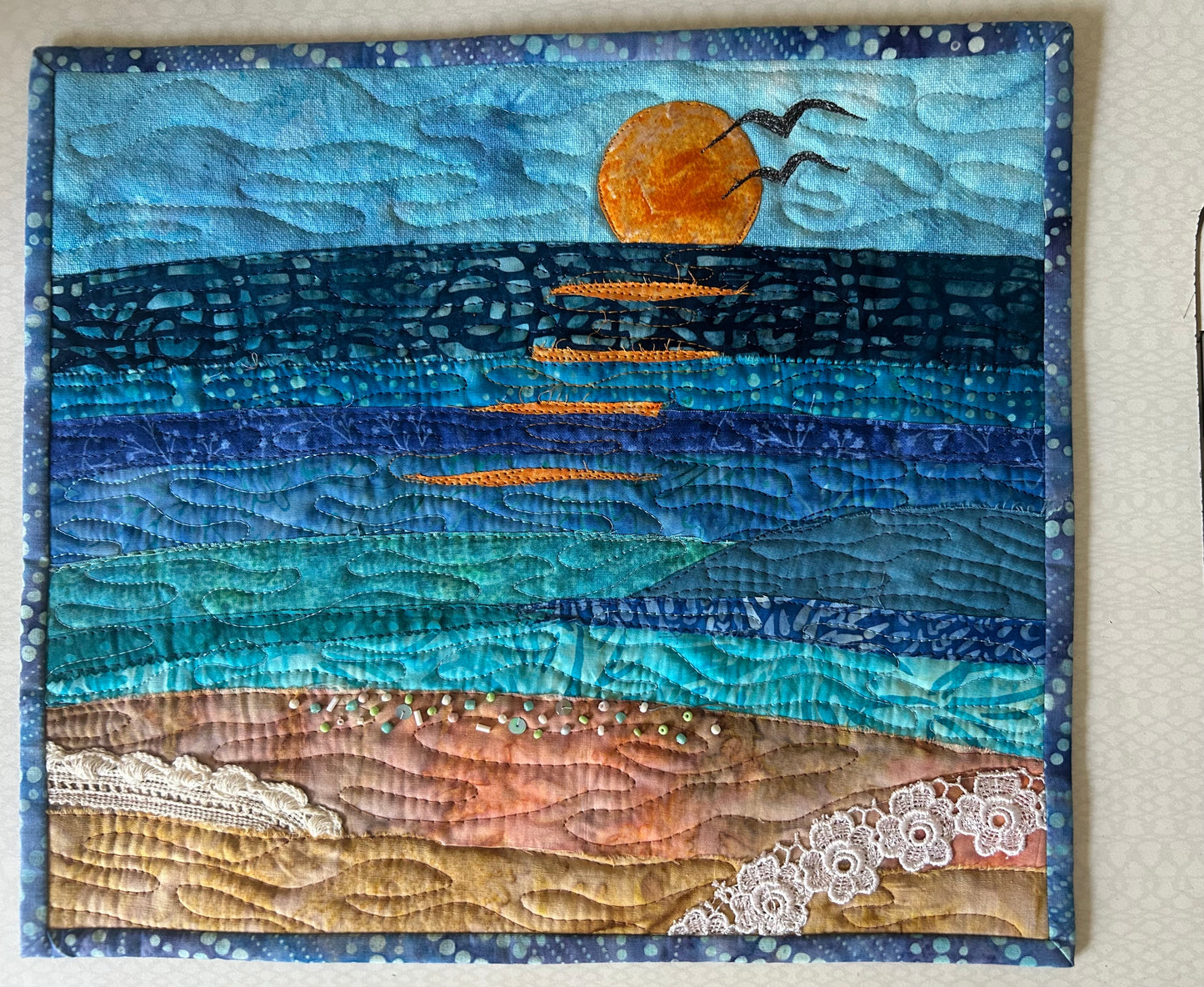 seascape, sunset fiber art, oceanic art, farmable wall decor, ocean dreams, beach house decor, beach fiber art, art quilt sale, artsy gift