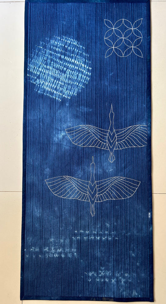 Cranes in Moonlight, Japandi Indigo Wall Art Quilt, Hand Dyed Shibori Textile Art, Modern Quilted Wall Hanging, Sashiko-Inspired art sale