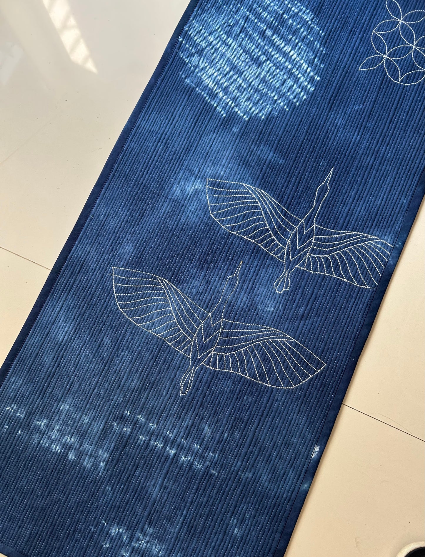 Cranes in Moonlight, Japandi Indigo Wall Art Quilt, Hand Dyed Shibori Textile Art, Modern Quilted Wall Hanging, Sashiko-Inspired art sale