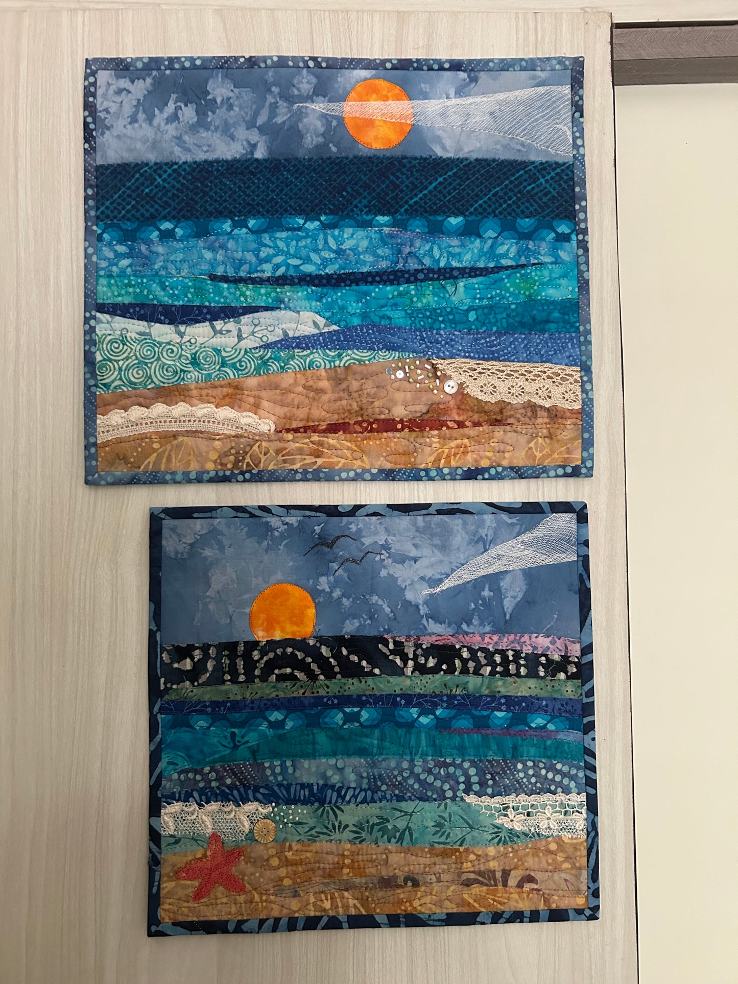 seascape, sunset fiber art, oceanic art, farmable wall decor, ocean dreams, beach house decor, beach fiber art, art quilt sale, artsy gift