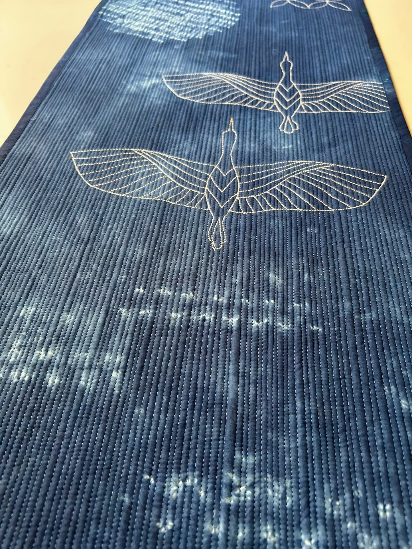 Cranes in Moonlight, Japandi Indigo Wall Art Quilt, Hand Dyed Shibori Textile Art, Modern Quilted Wall Hanging, Sashiko-Inspired art sale