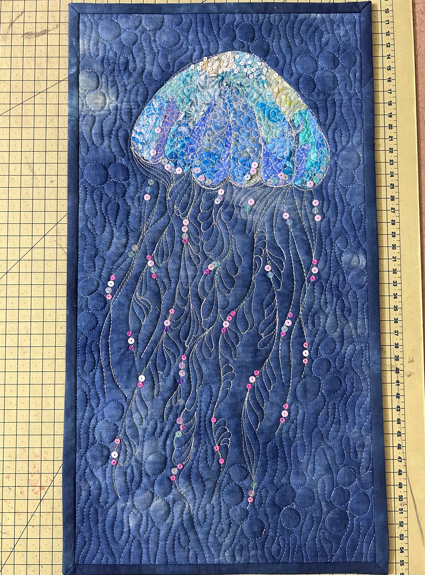 Jellyfish Textile wall Art quilt | Small Ocean Art As Beach House Decor
