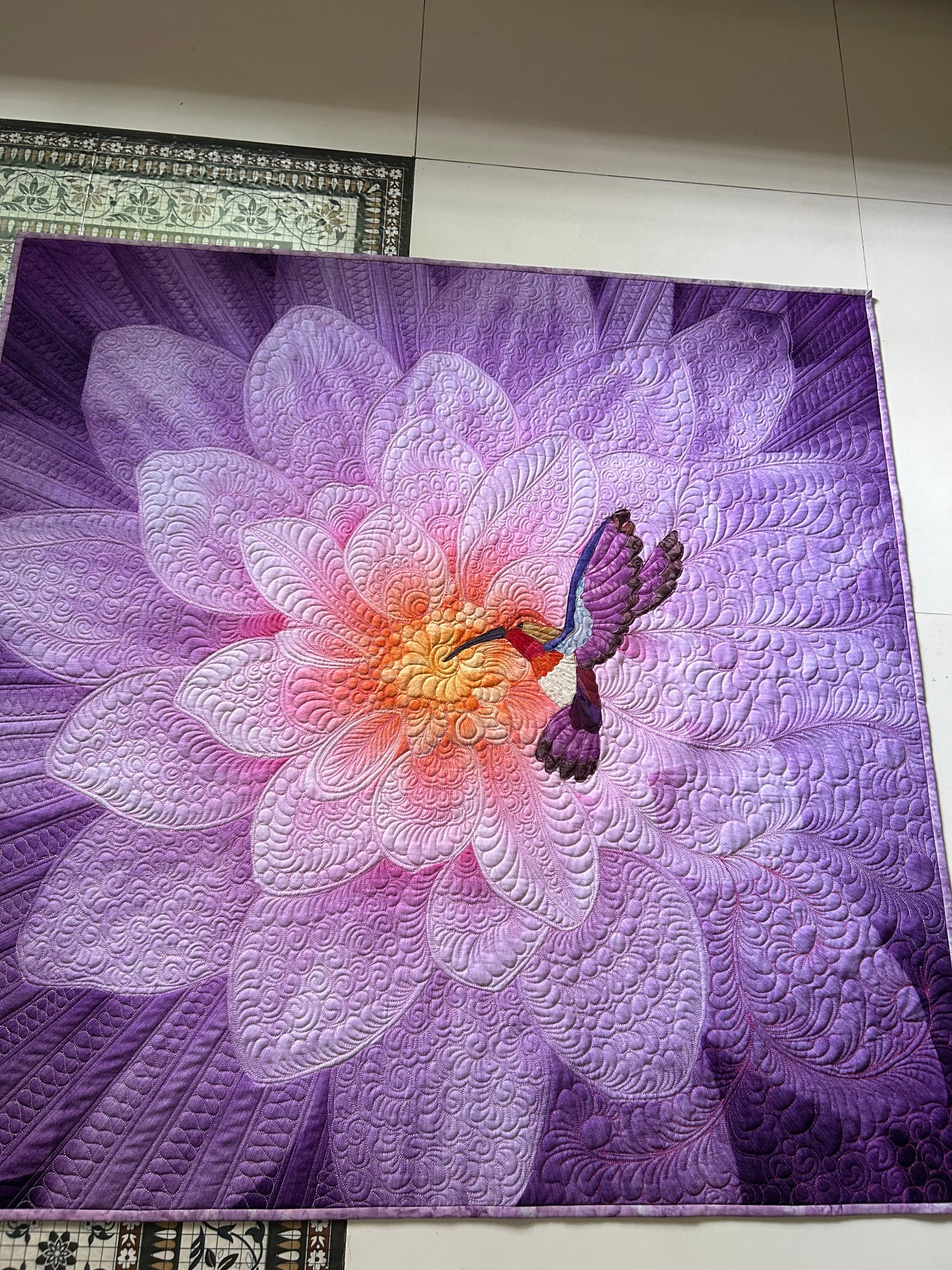 Purple dream big flower wall art quilt, hummingbird wall hanging, floral textile art, purple room decor