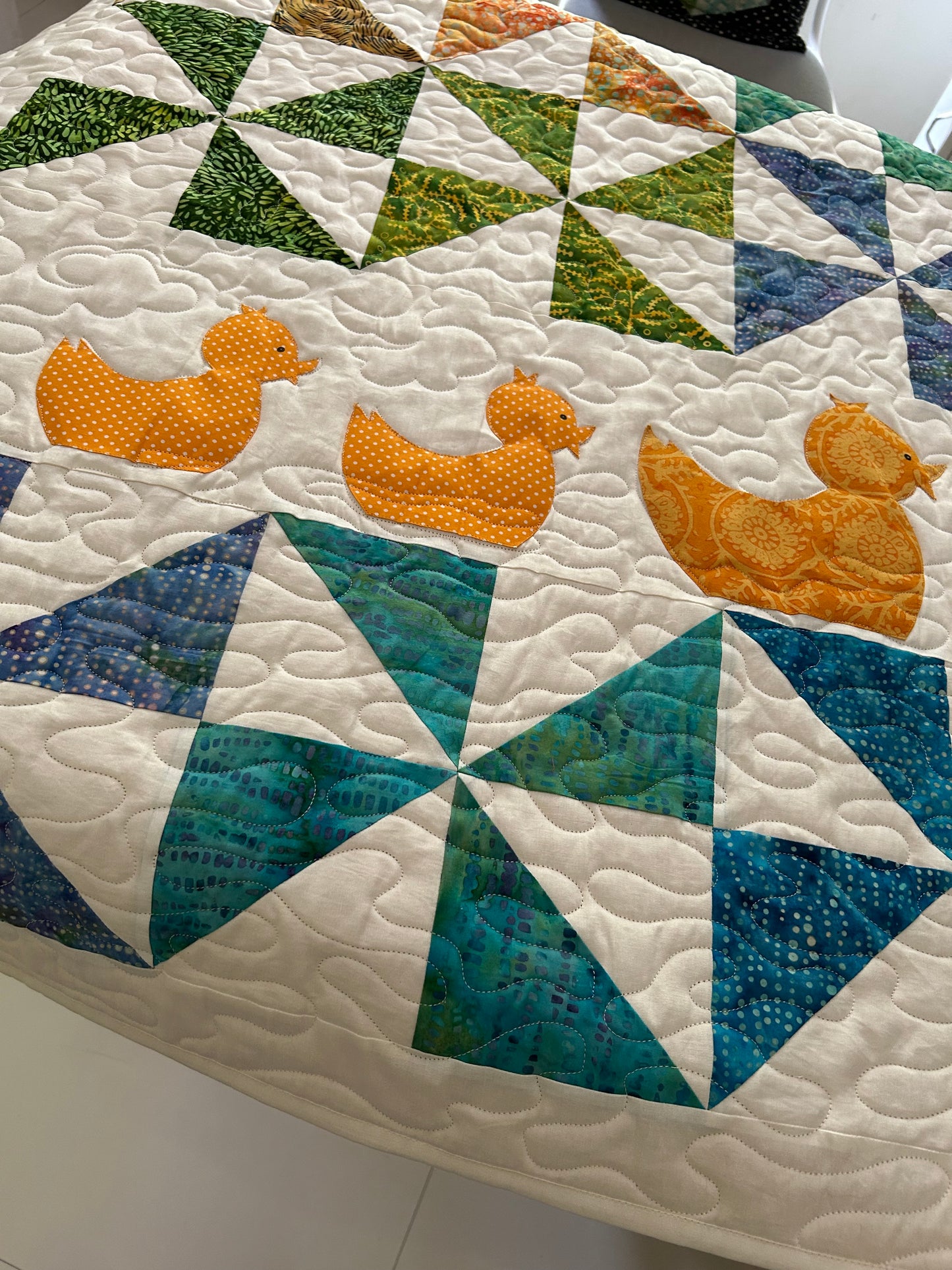 Duck Pinwheel Baby Quilt – Handmade Applique Baby Blanket for Nursery Decor | 36 x 42
