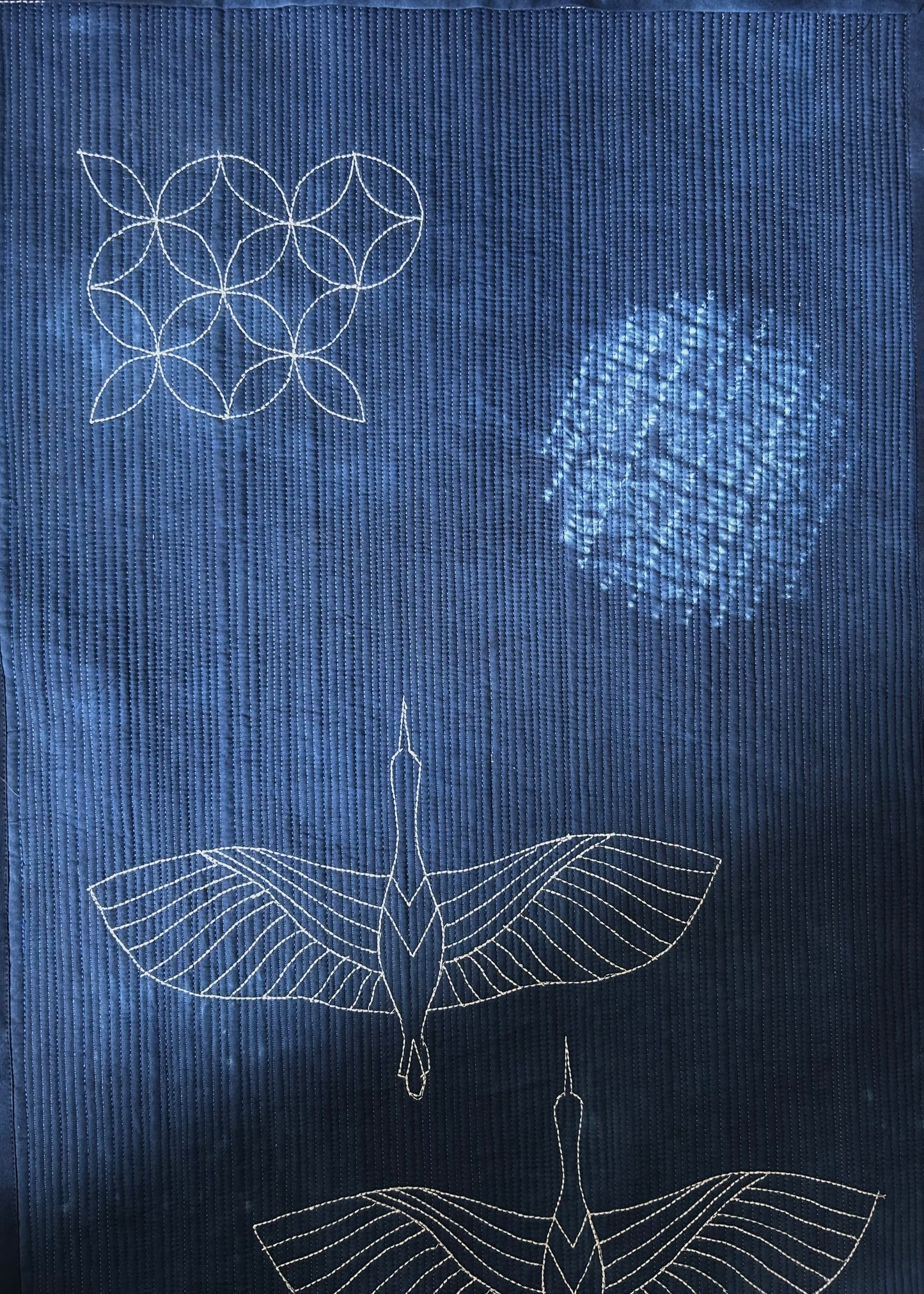 Cranes in Moonlight Wall Art Quilt | Japandi Indigo Shibori Textile Art Sale