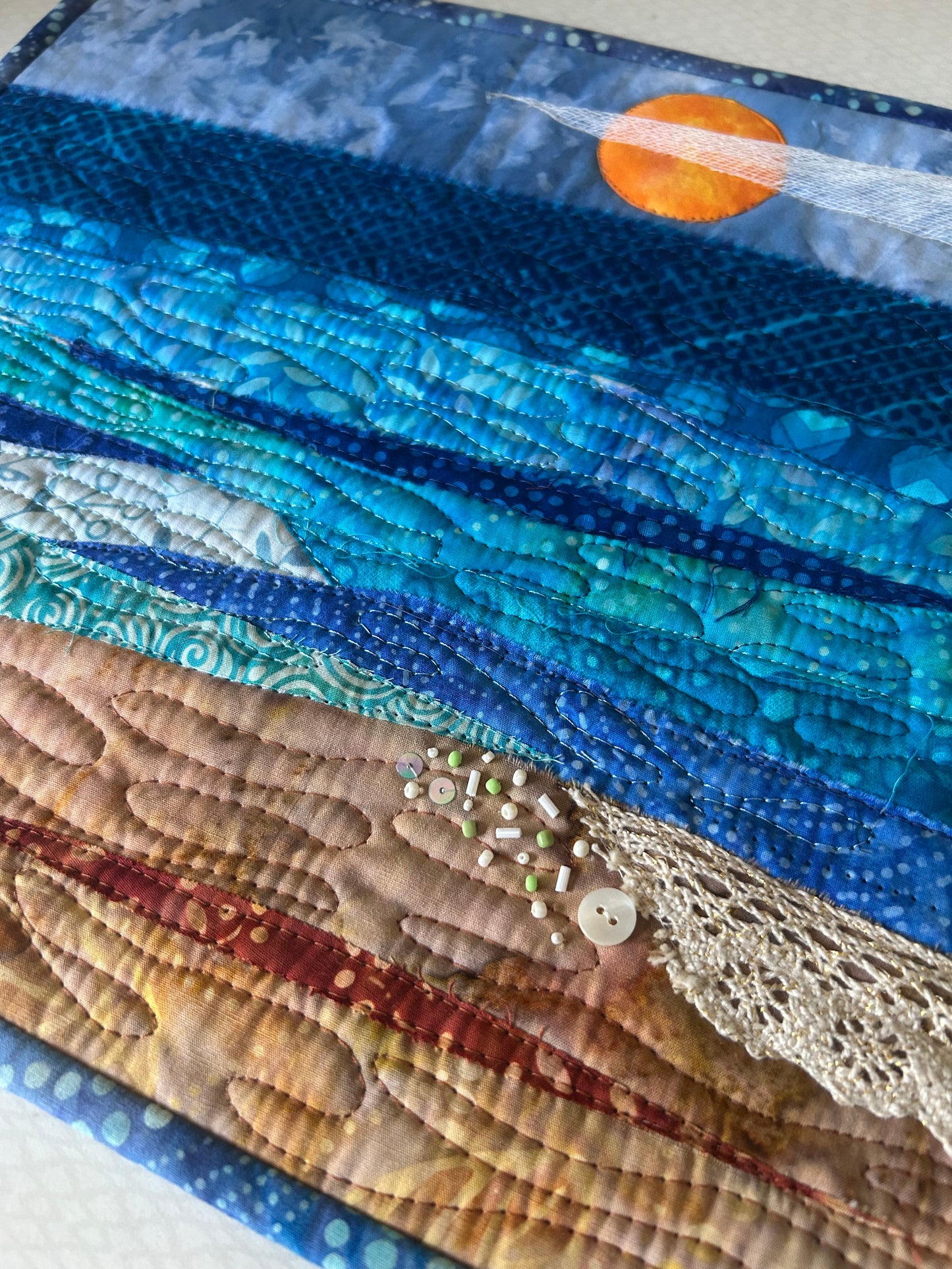 seascape, oceanic art, farmable wall decor, ocean dreams, beach house decor, beach fiber art, desk decor, artsy gift