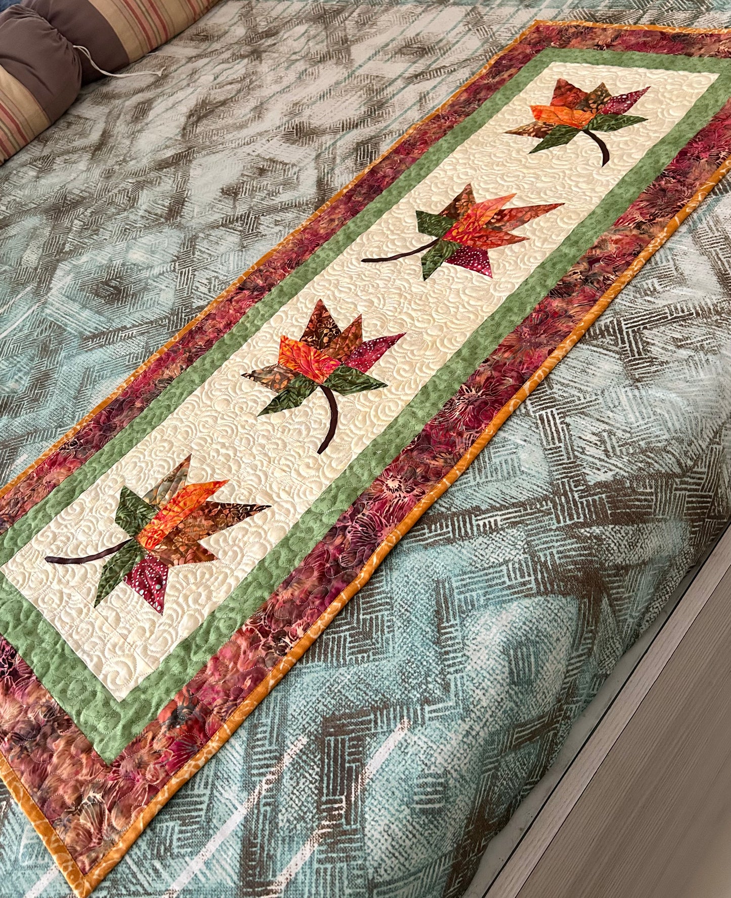 Quilted Maple Leaf Table Runner: Bali Batik Autumn Decor