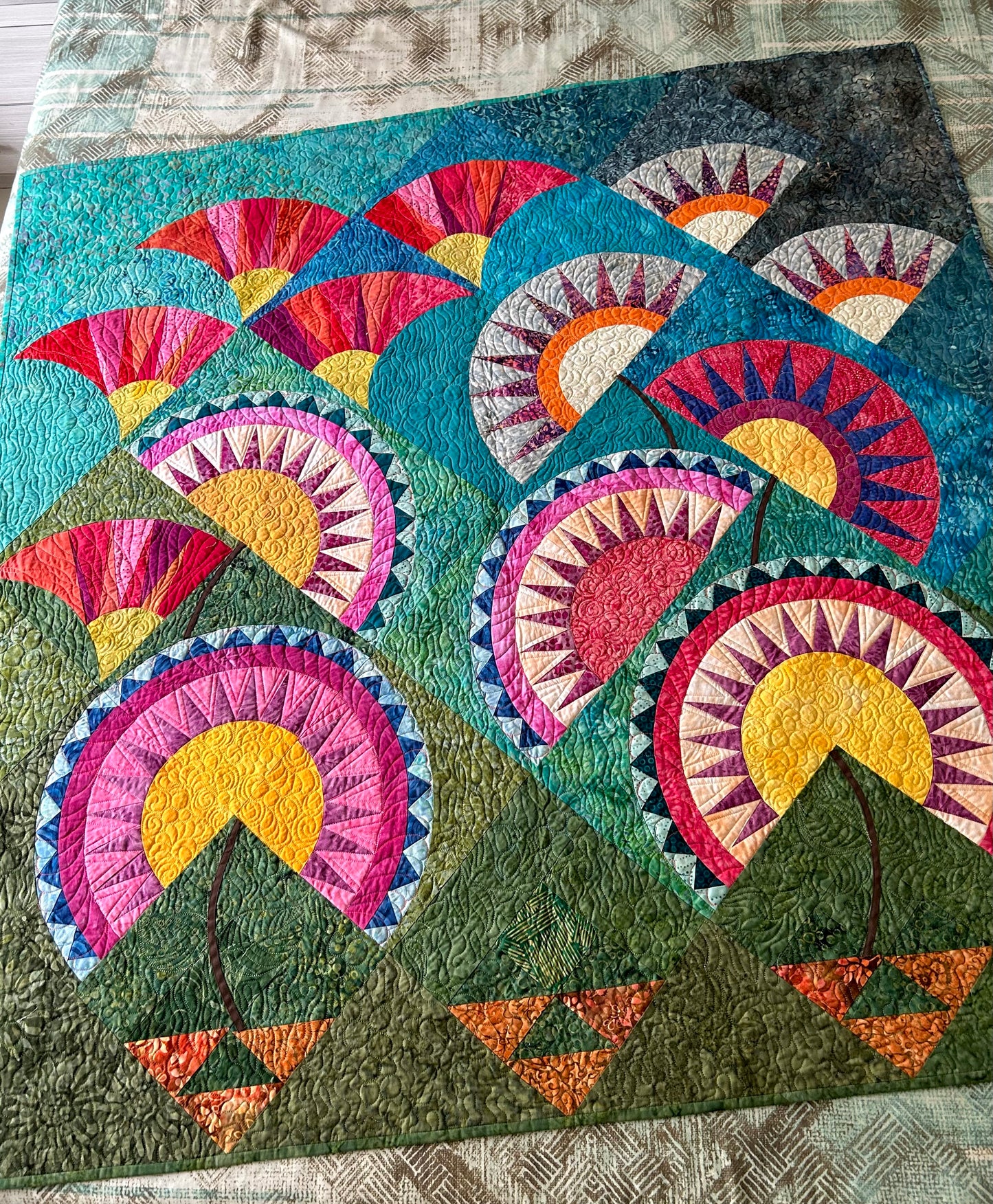 Contemporary Floral Textile  Wall Art Quilt | New York Beauty Quilt Tapestry