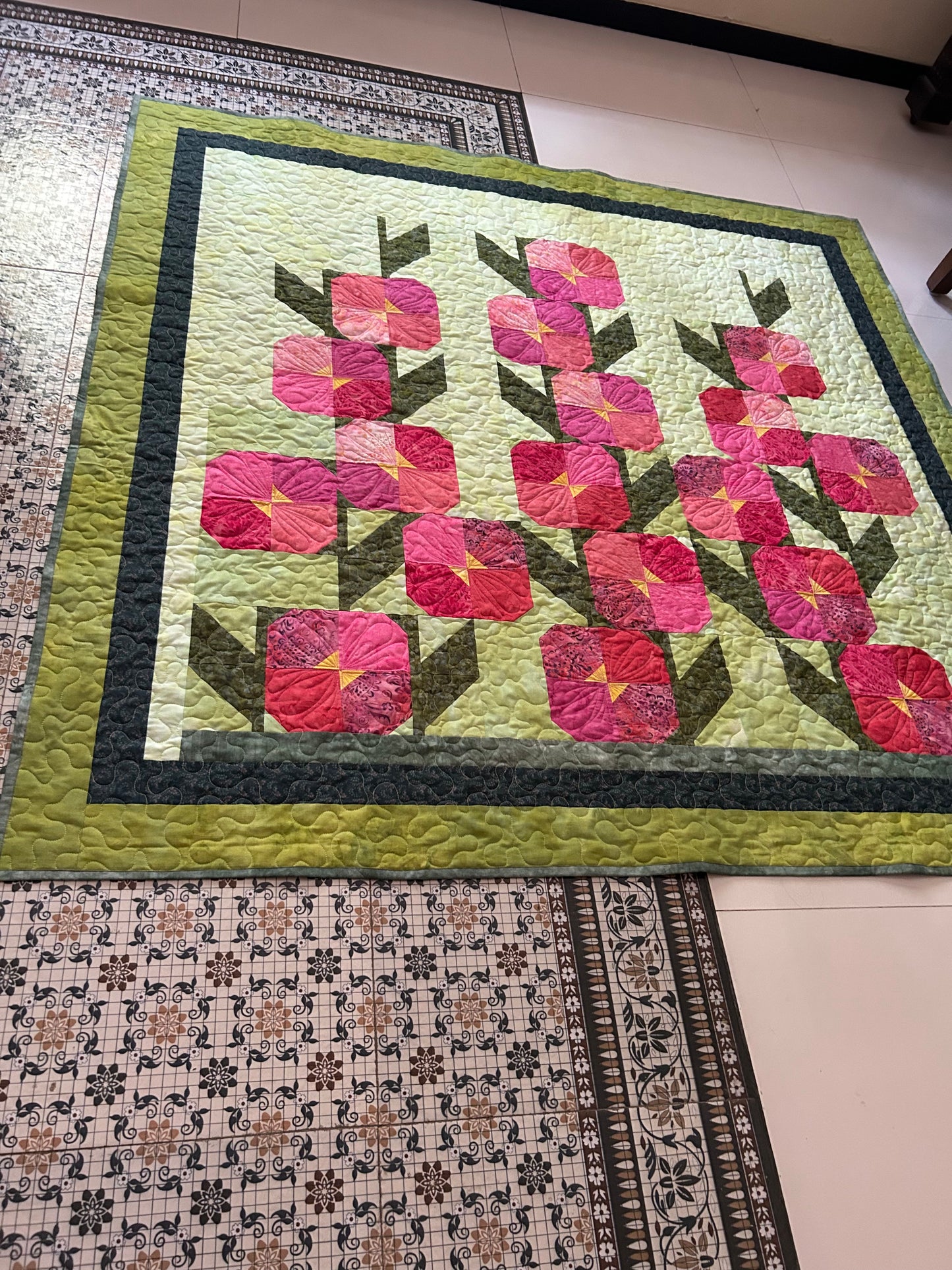 Hollyhocks Throw Quilt, 60 Inch Square Floral Quilt, Handmade Batik Quilt, Quilted Throw Blanket