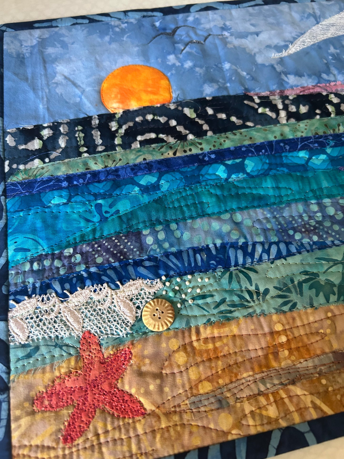 seascape, oceanic art, farmable wall decor, ocean dreams, beach house decor, beach fiber art, desk decor, artsy gift