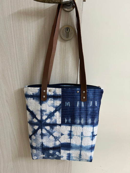 Hand-Dyed Indigo Quilted Tote Bag – Patchwork Purse with Leather Straps & Zipper | Handmade Textile Bag | One-of-a-Kind Gift