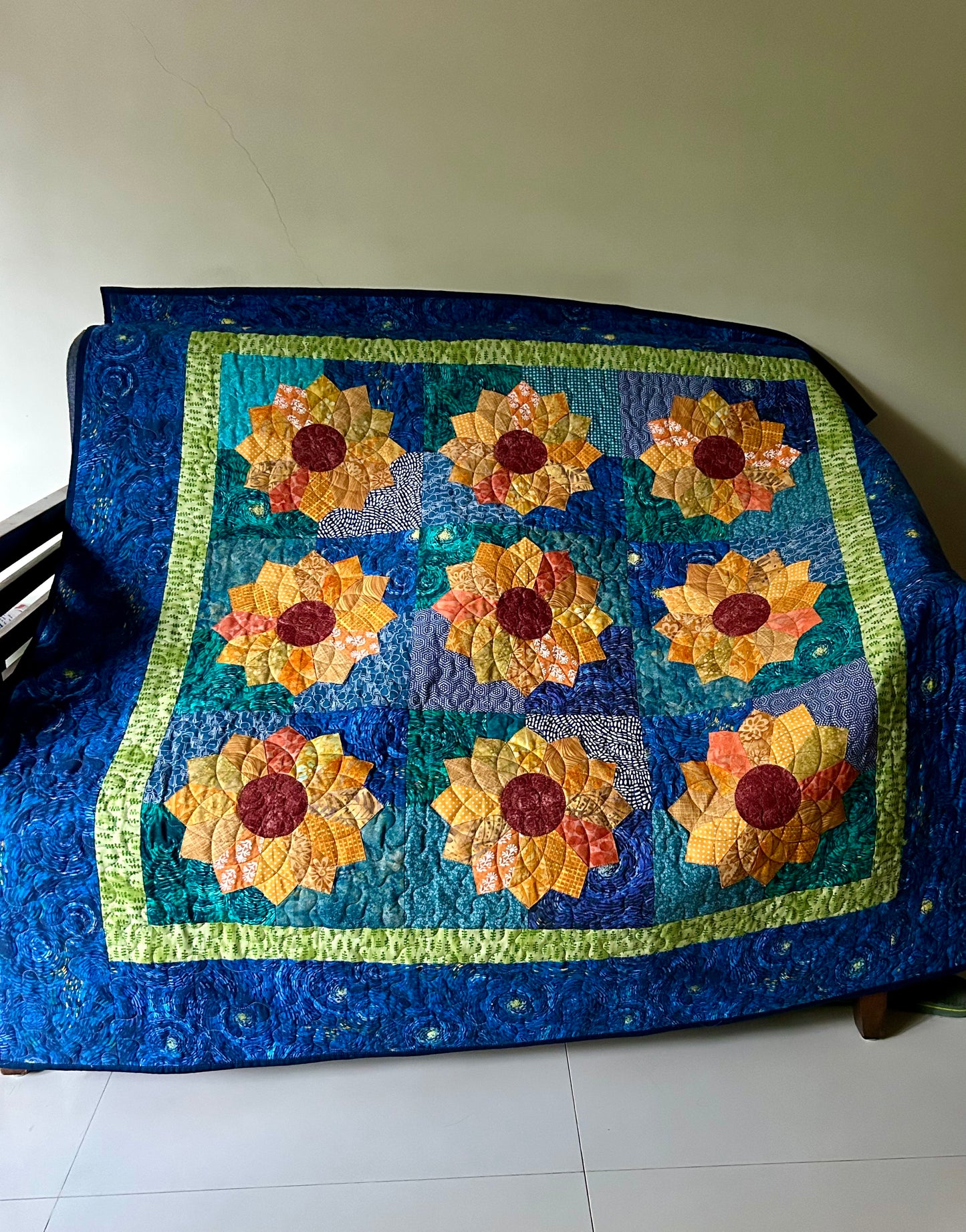 Van Gogh Sunflower Throw Quilt - Blue handmade Patchwork Throw Blanket - Starry Night lap quilt - Dresden plate Quilt sale