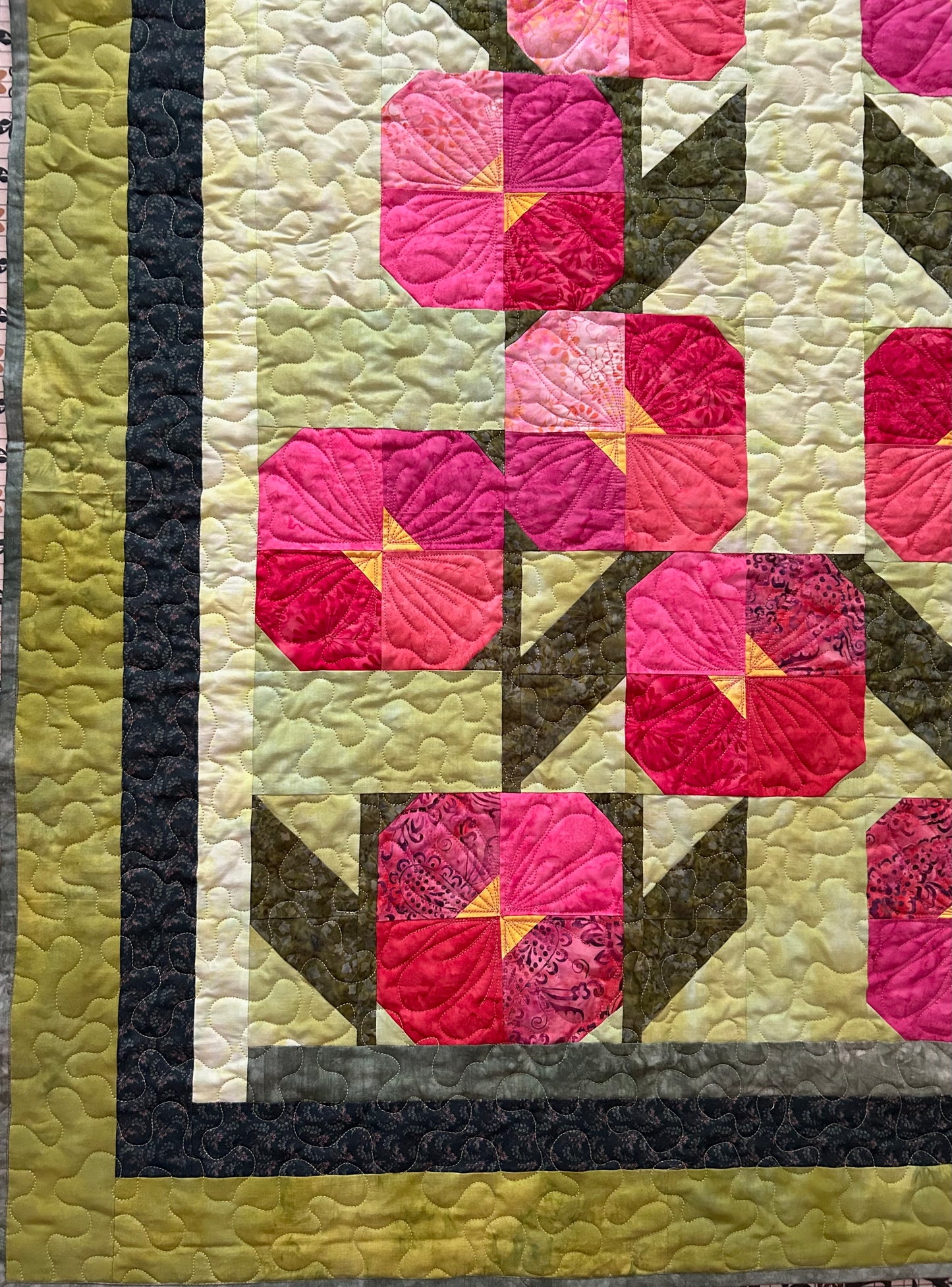 Hollyhocks Throw Quilt, 60 Inch Square Floral Quilt, Handmade Batik Quilt, Quilted Throw Blanket