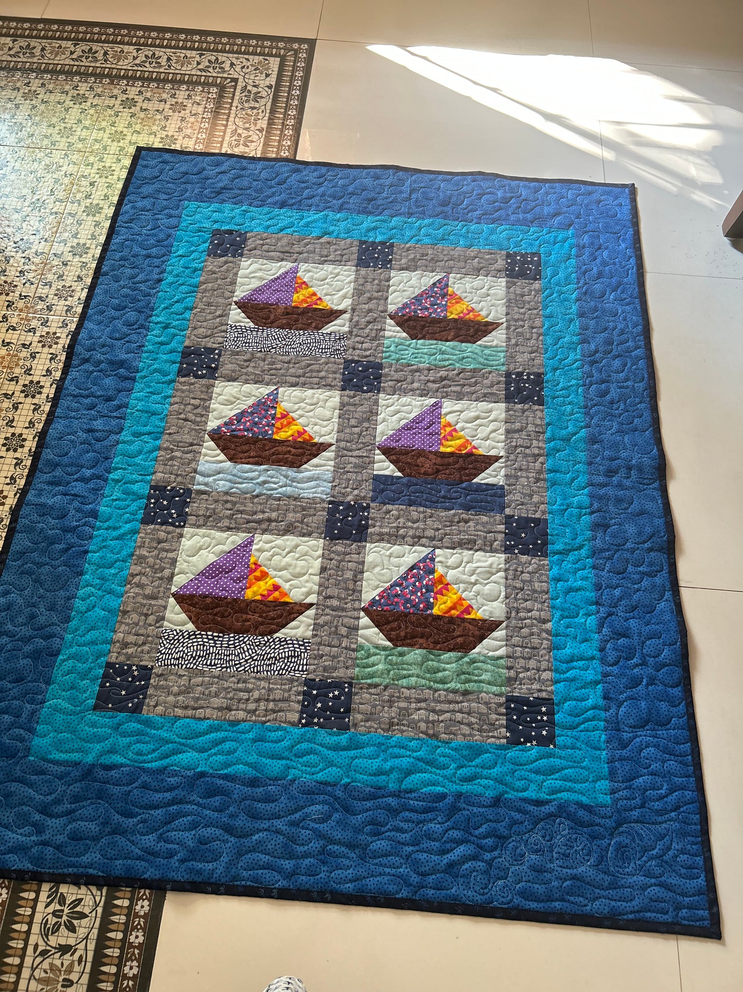 Nautical Baby Quilt – Handmade Ocean & Star Crib Quilt with Sailboat Design