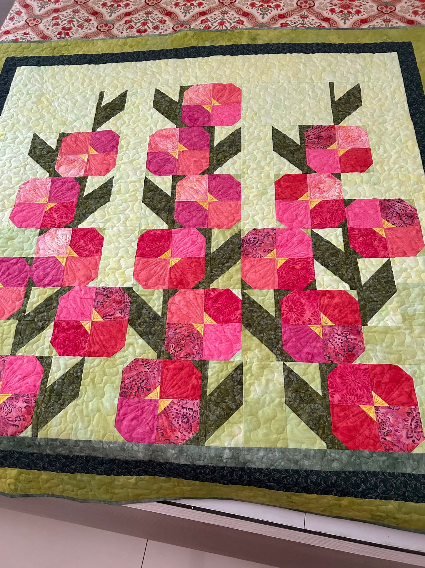 Hollyhocks Throw Quilt, 60 Inch Square Floral Quilt, Handmade Batik Quilt, Quilted Throw Blanket