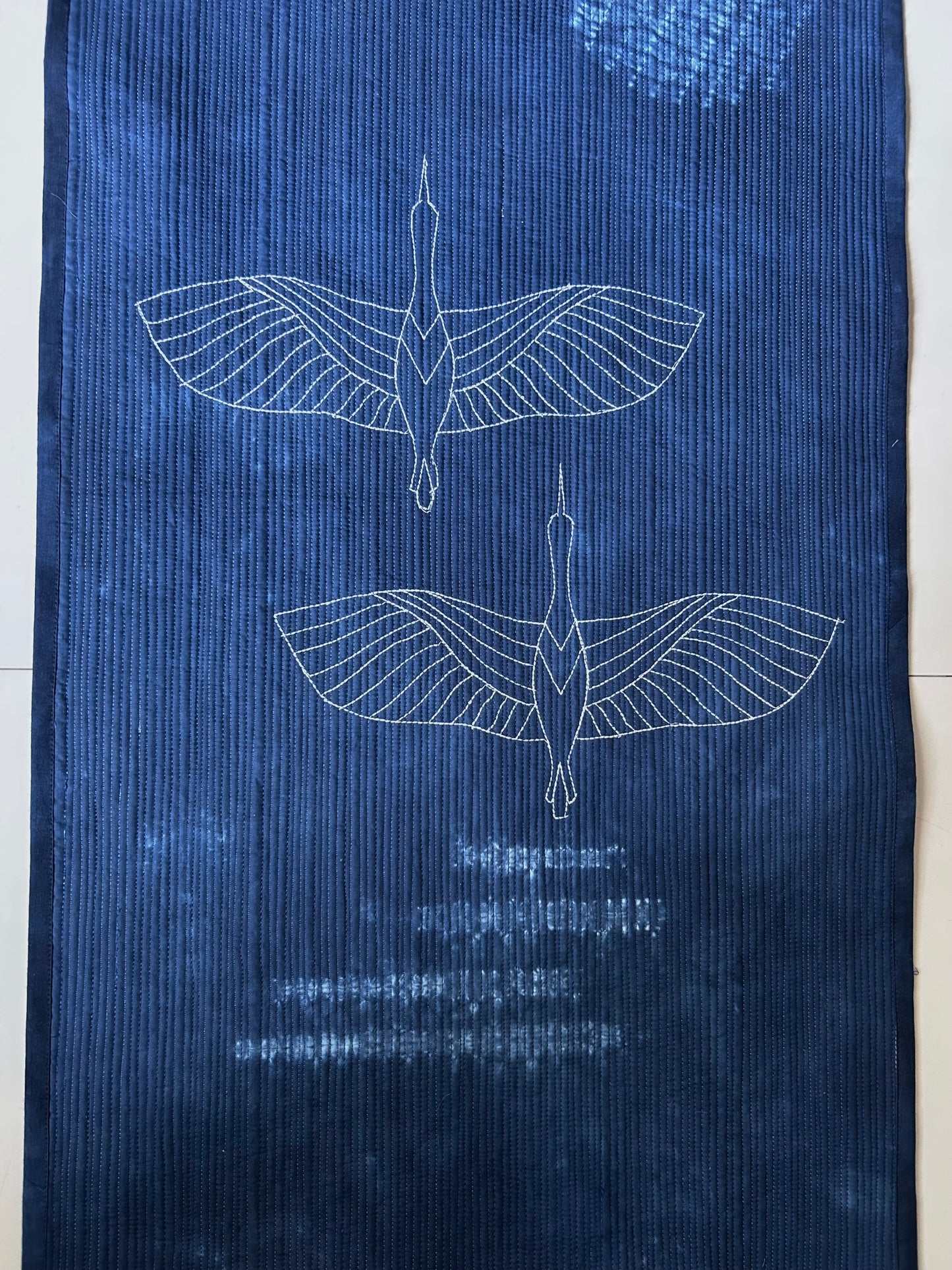 Cranes in Moonlight Wall Art Quilt | Japandi Indigo Shibori Textile Art Sale