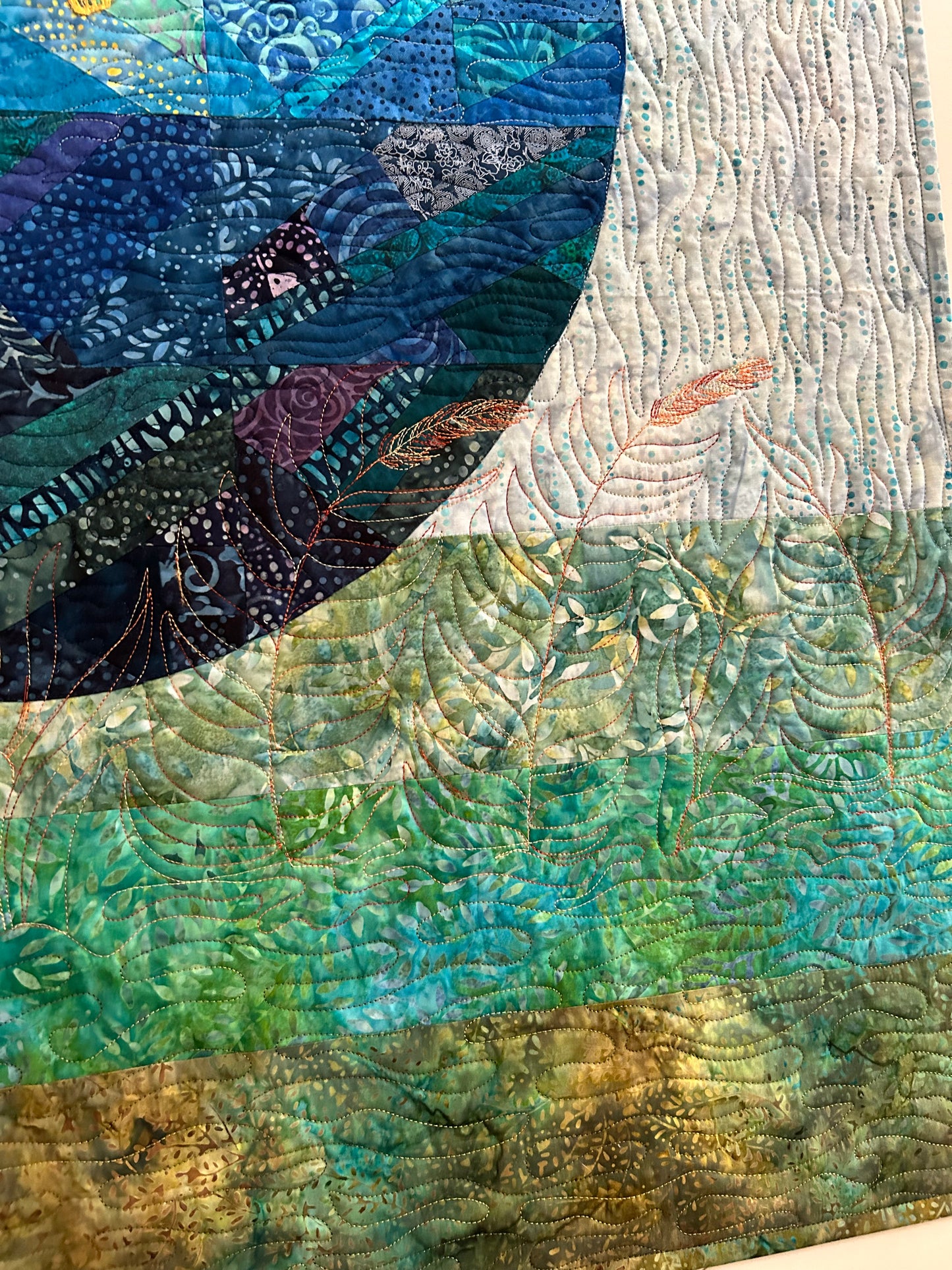 Close-up showing fabric and stitches on quilt