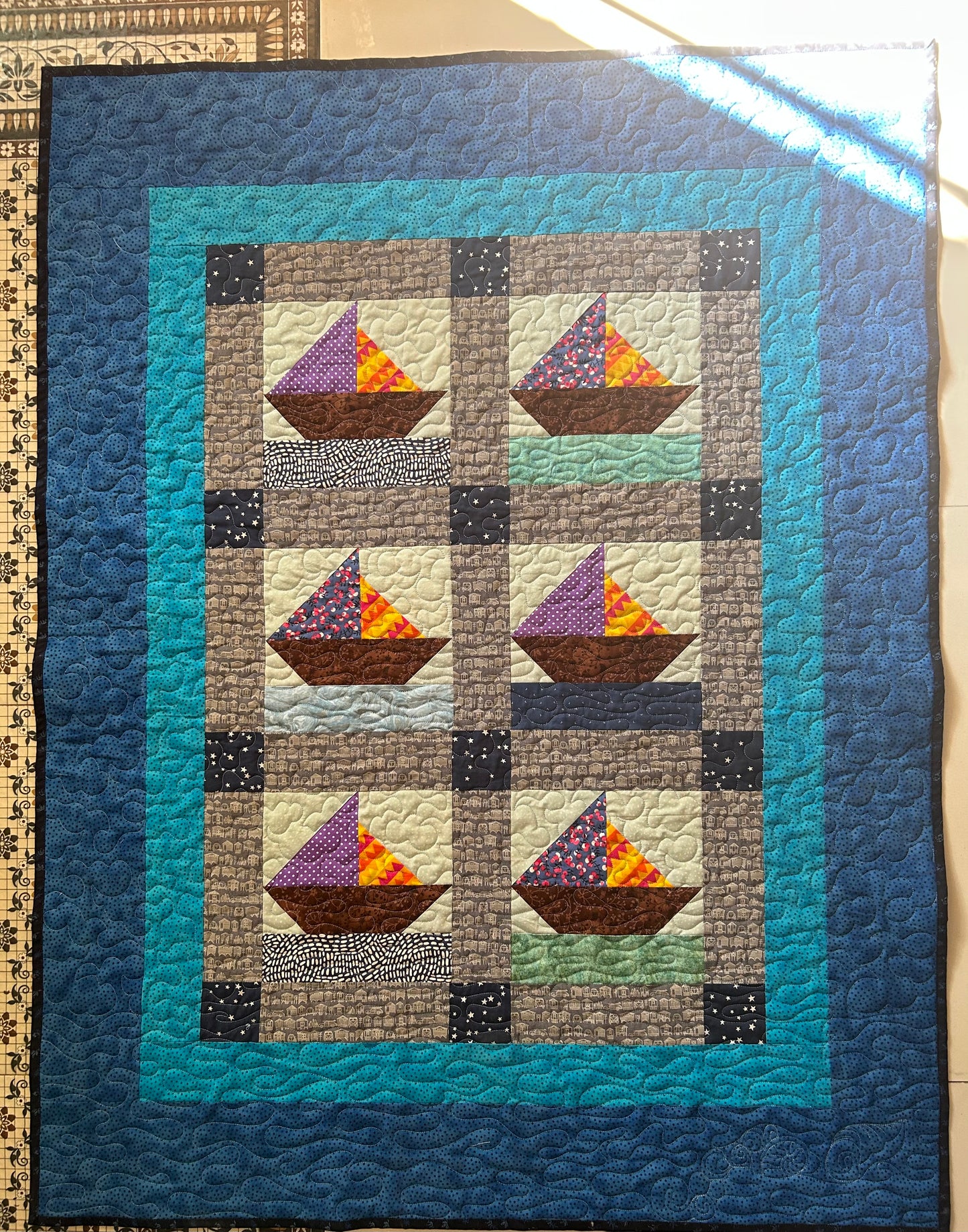 Nautical Baby Quilt – Handmade Ocean & Star Crib Quilt with Sailboat Design