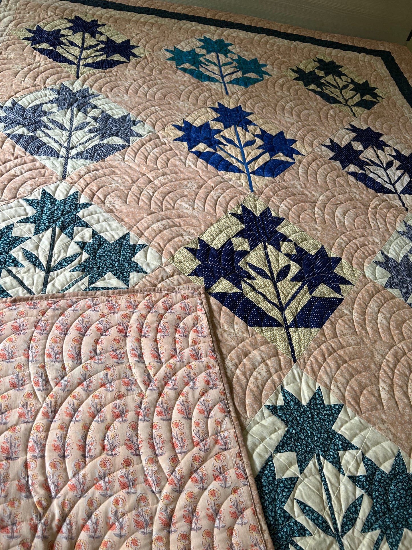 Handmade Blue and Cream Queen Size Patchwork Quilt