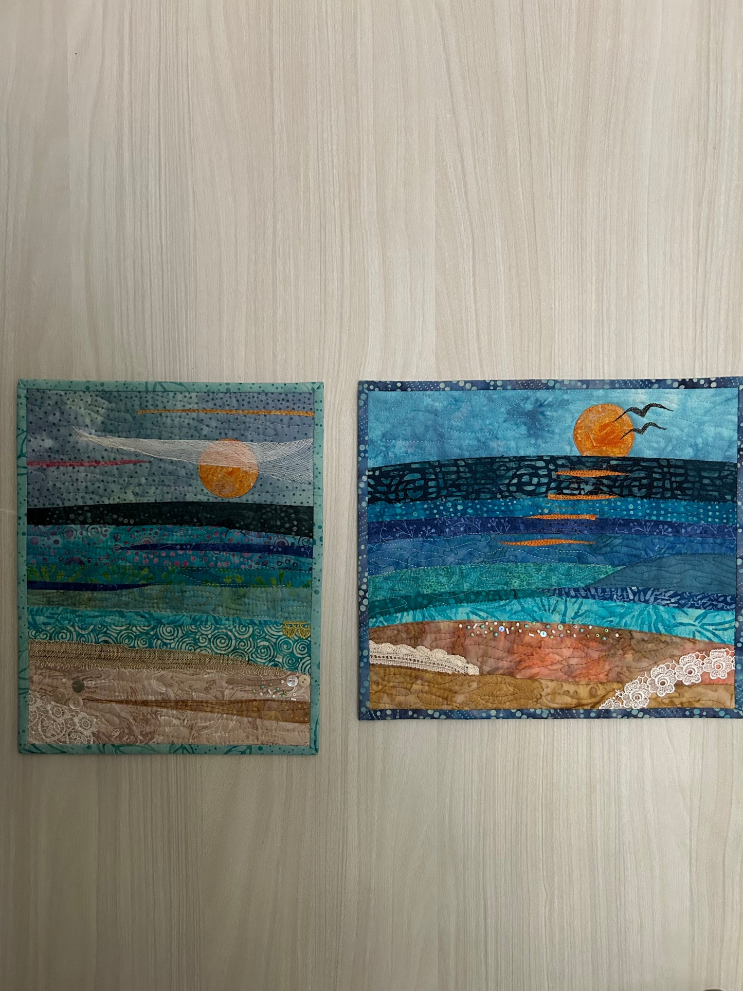 seascape, sunset fiber art, oceanic art, farmable wall decor, ocean dreams, beach house decor, beach fiber art, art quilt sale, artsy gift