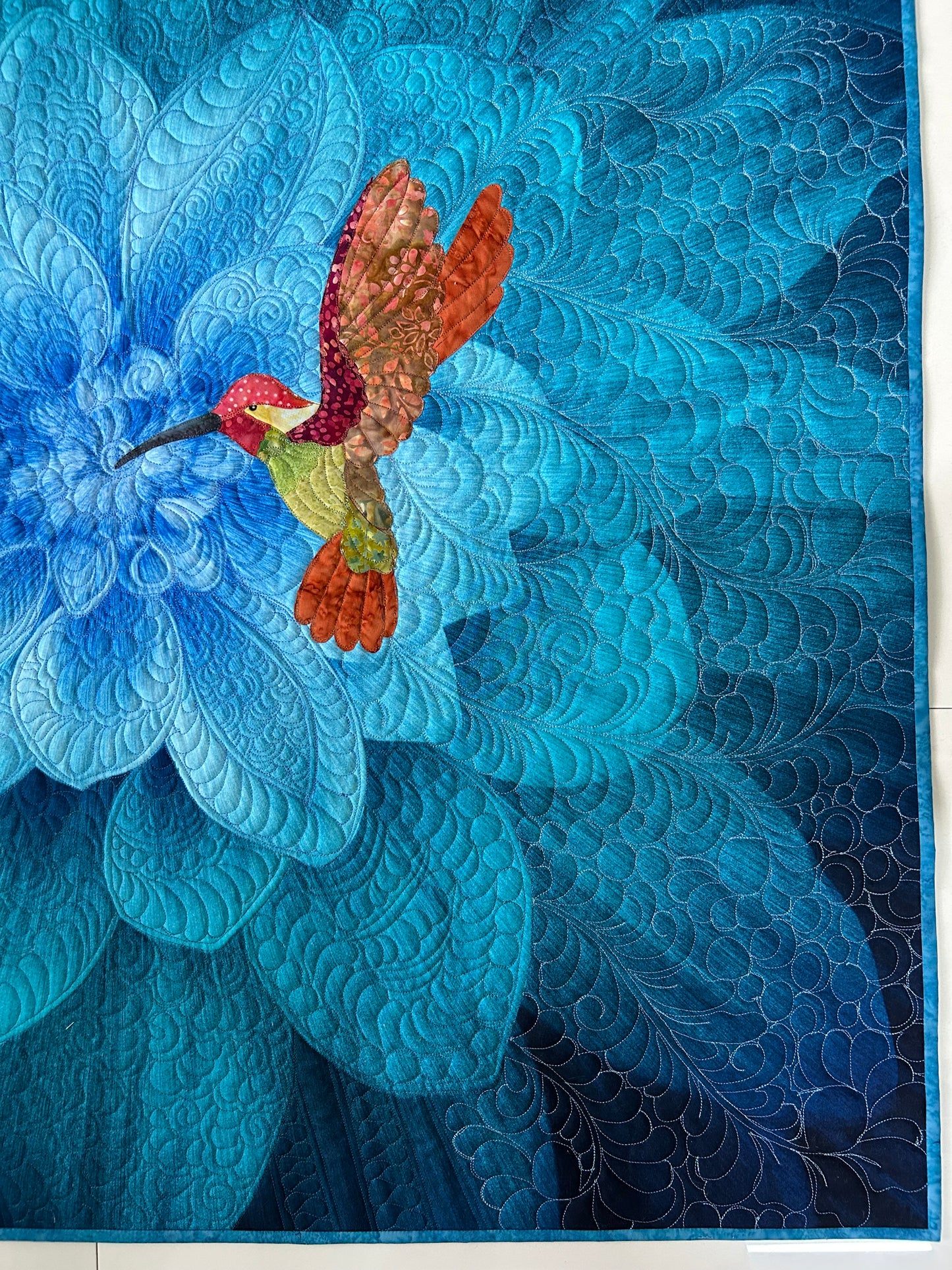 Dahlia flower wall art quilt - Hummingbird Art - Blue floral tapestry