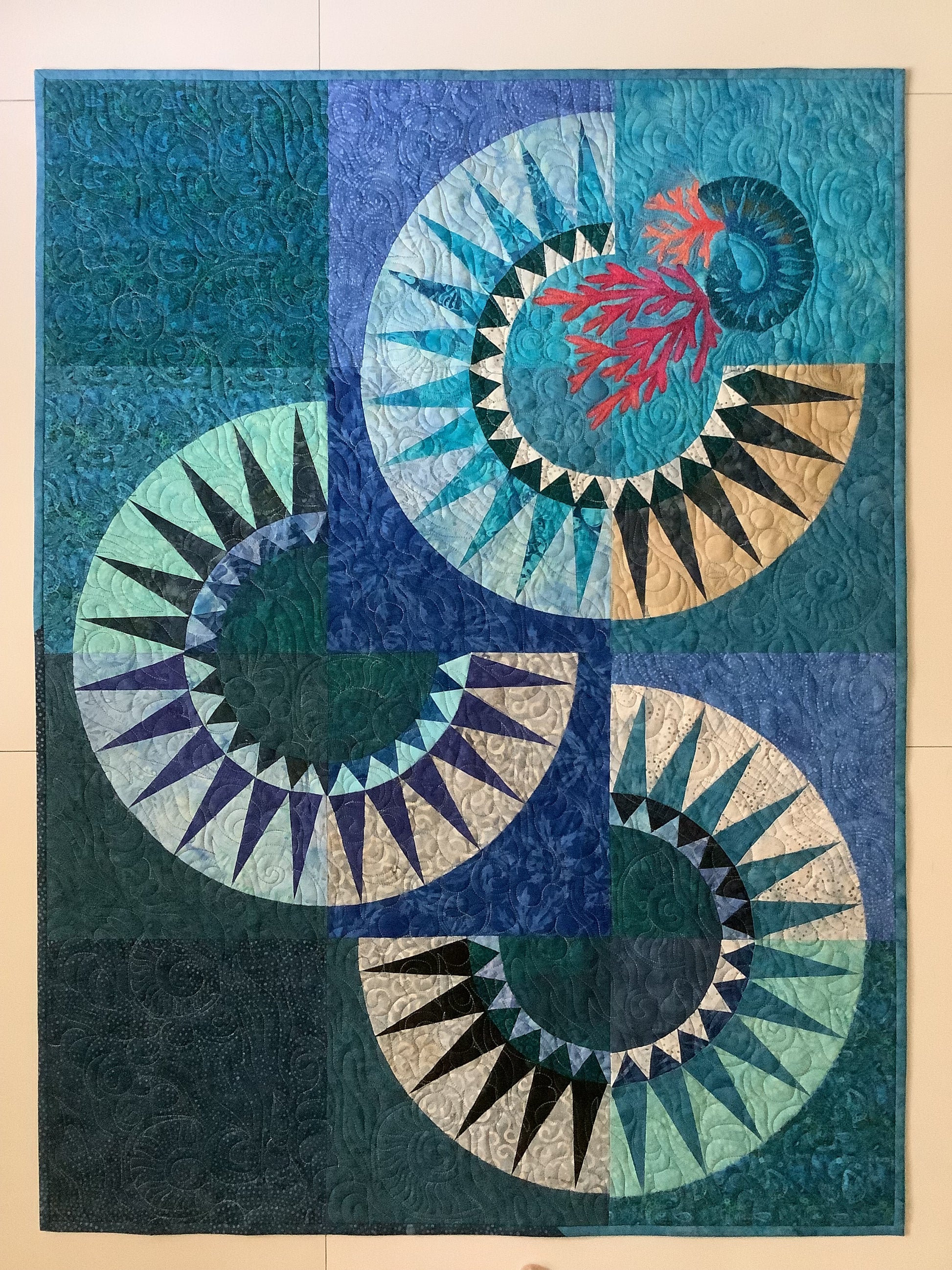 Ocean Waves fiber art quilt in New York Beauty style