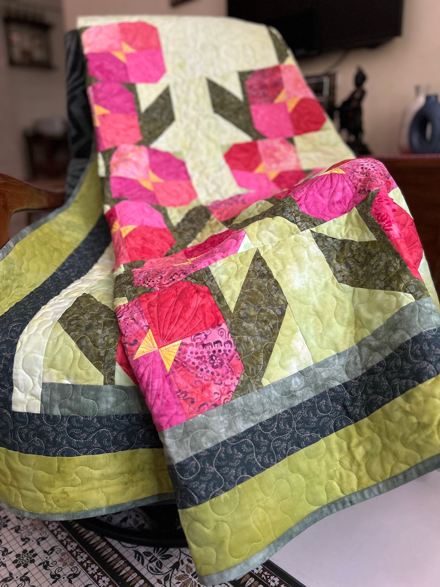 Hollyhocks Throw Quilt, 60 Inch Square Floral Quilt, Handmade Batik Quilt, Quilted Throw Blanket