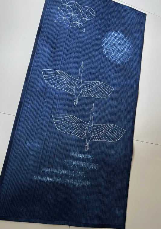 Cranes in Moonlight Wall Art Quilt | Japandi Indigo Shibori Textile Art Sale