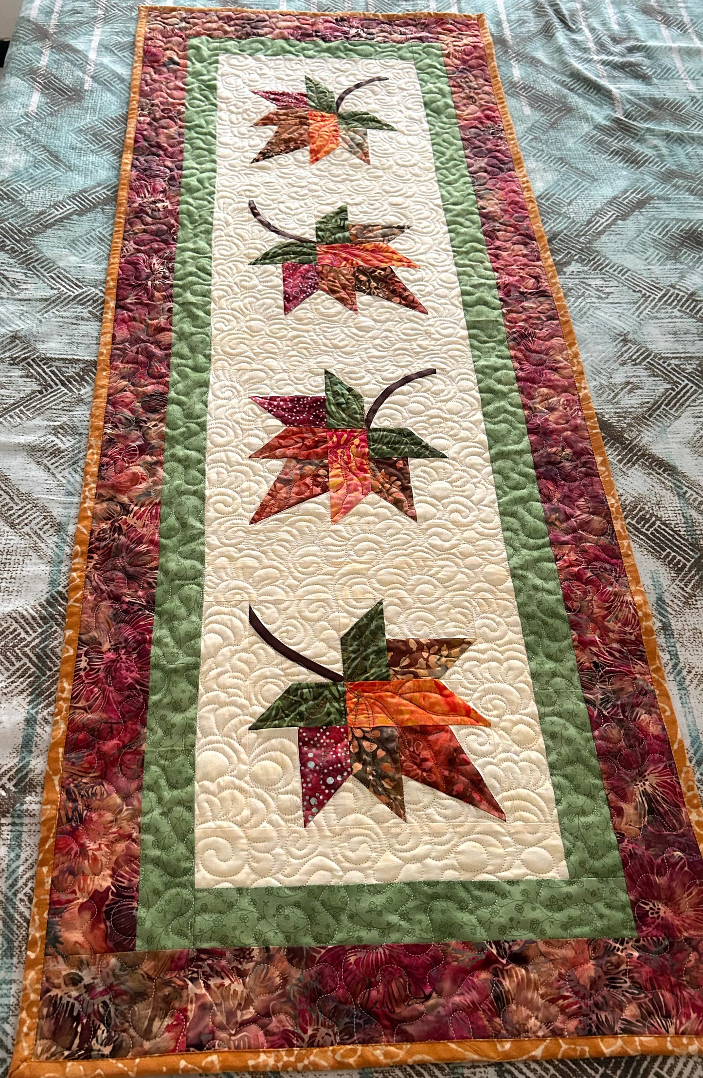 Quilted Maple Leaf Table Runner: Bali Batik Autumn Decor