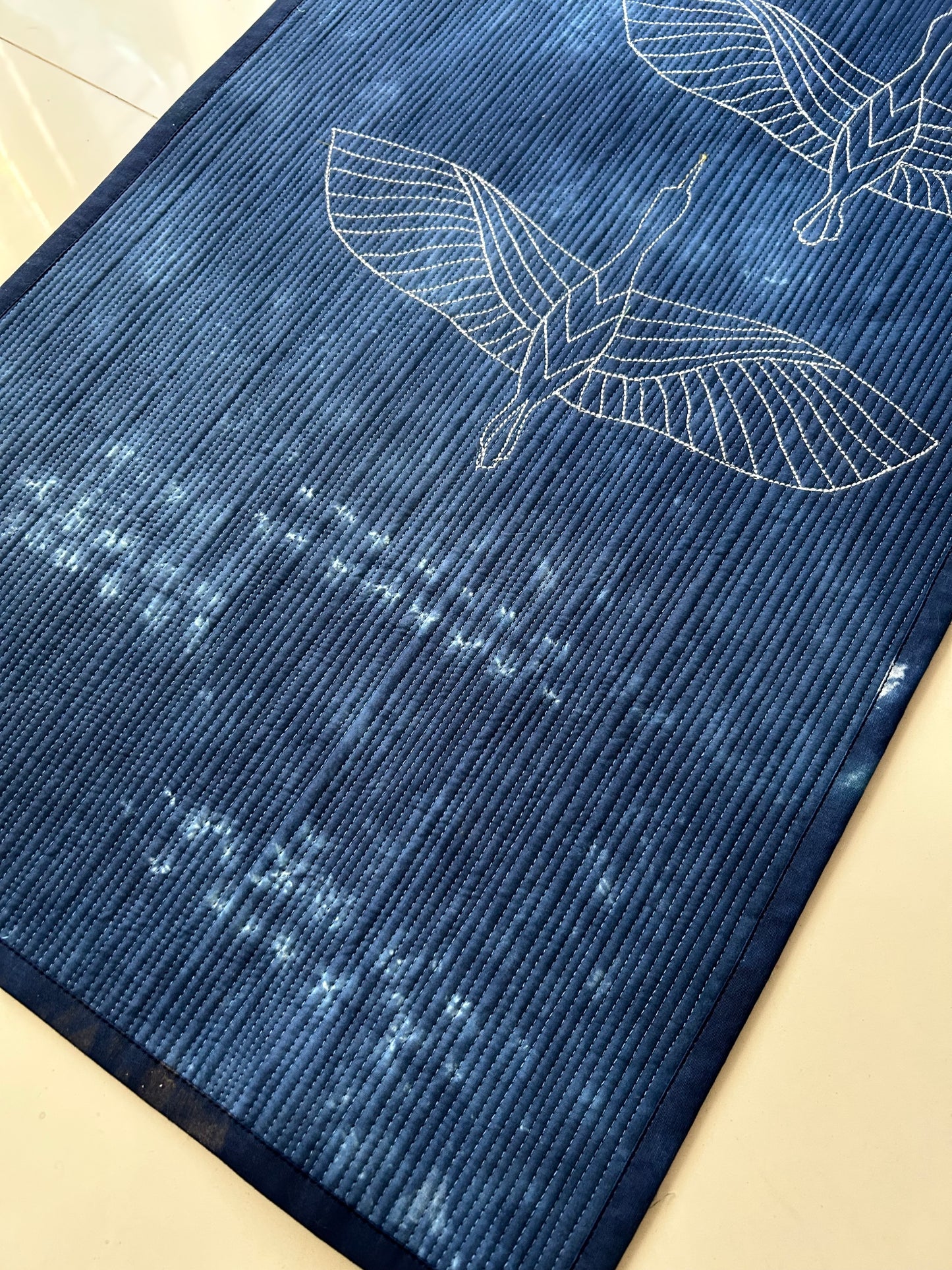 Cranes in Moonlight, Japandi Indigo Wall Art Quilt, Hand Dyed Shibori Textile Art, Modern Quilted Wall Hanging, Sashiko-Inspired art sale