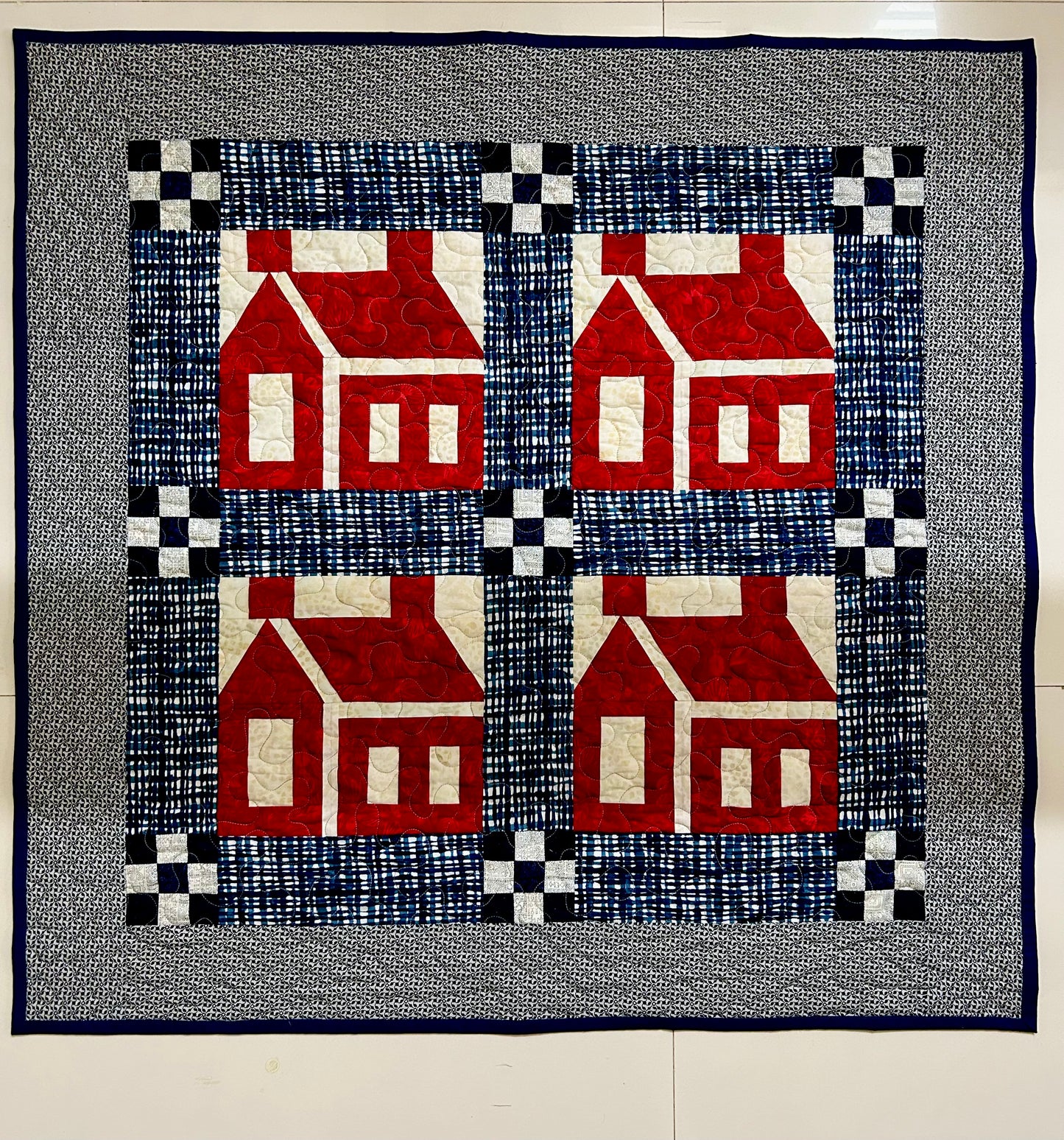 Red & White Schoolhouse Quilt | Wall Hanging or Table Topper | 34” x 34” | Traditional Quilt Block | Handmade Americana Decor