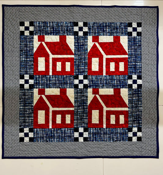Red & White Schoolhouse Quilt | Wall Hanging or Table Topper | 34” x 34” | Traditional Quilt Block | Handmade Americana Decor