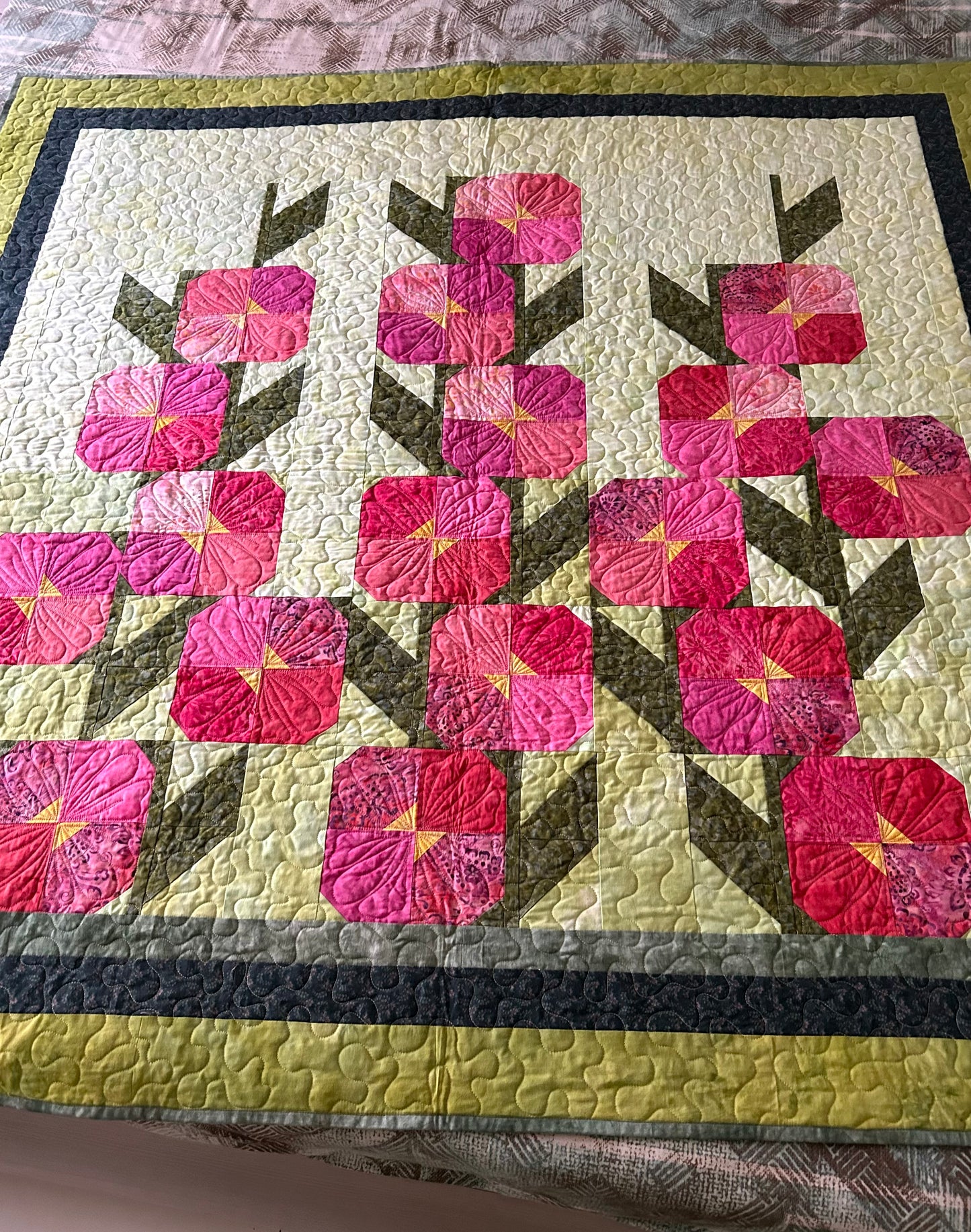 Hollyhocks Flower Throw Quilt, Handmade Batik Quilt, Quilted Throw Blanket