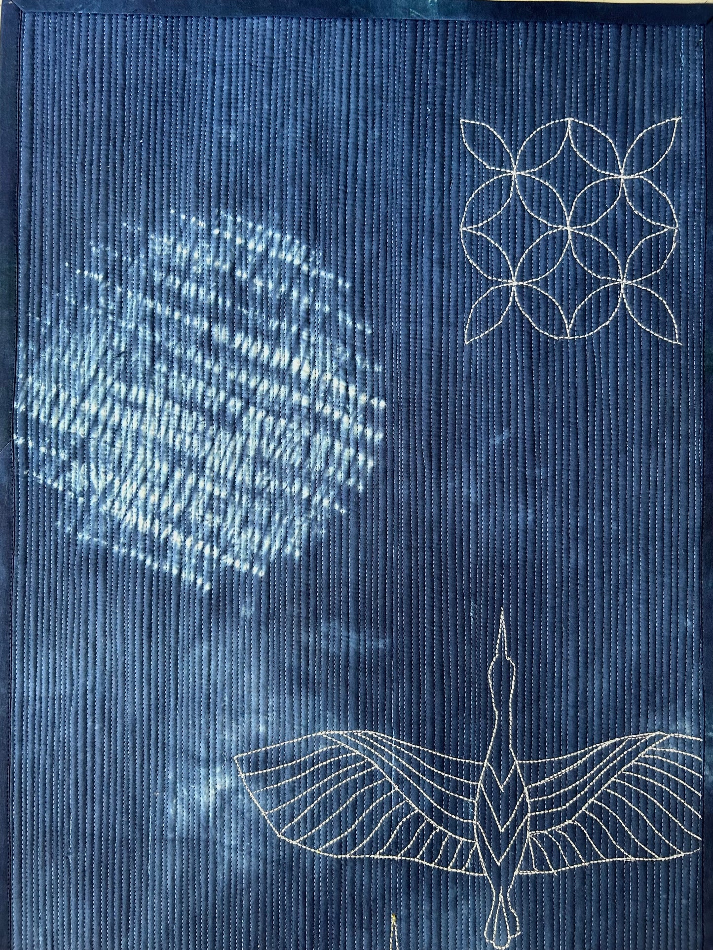 Cranes in Moonlight, Japandi Indigo Wall Art Quilt, Hand Dyed Shibori Textile Art, Modern Quilted Wall Hanging, Sashiko-Inspired art sale