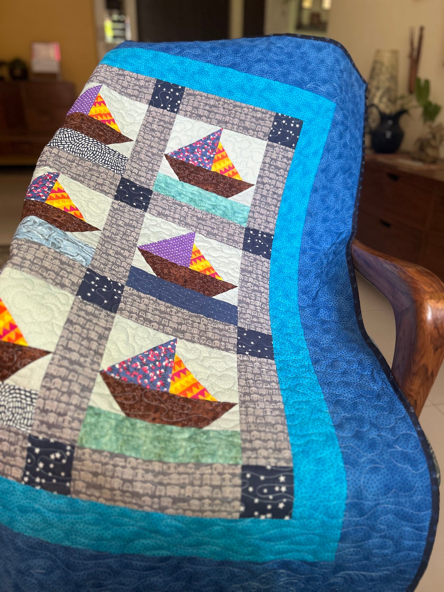 Nautical Baby Quilt – Handmade Ocean & Star Crib Quilt with Sailboat Design