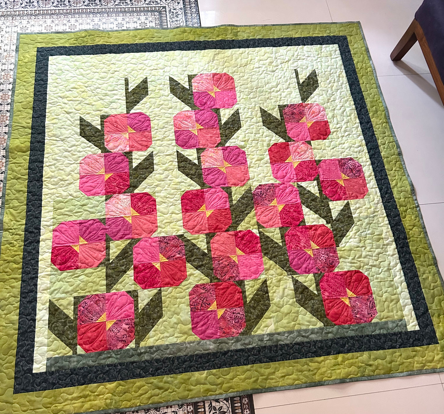 Hollyhocks Throw Quilt, 60 Inch Square Floral Quilt, Handmade Batik Quilt, Quilted Throw Blanket