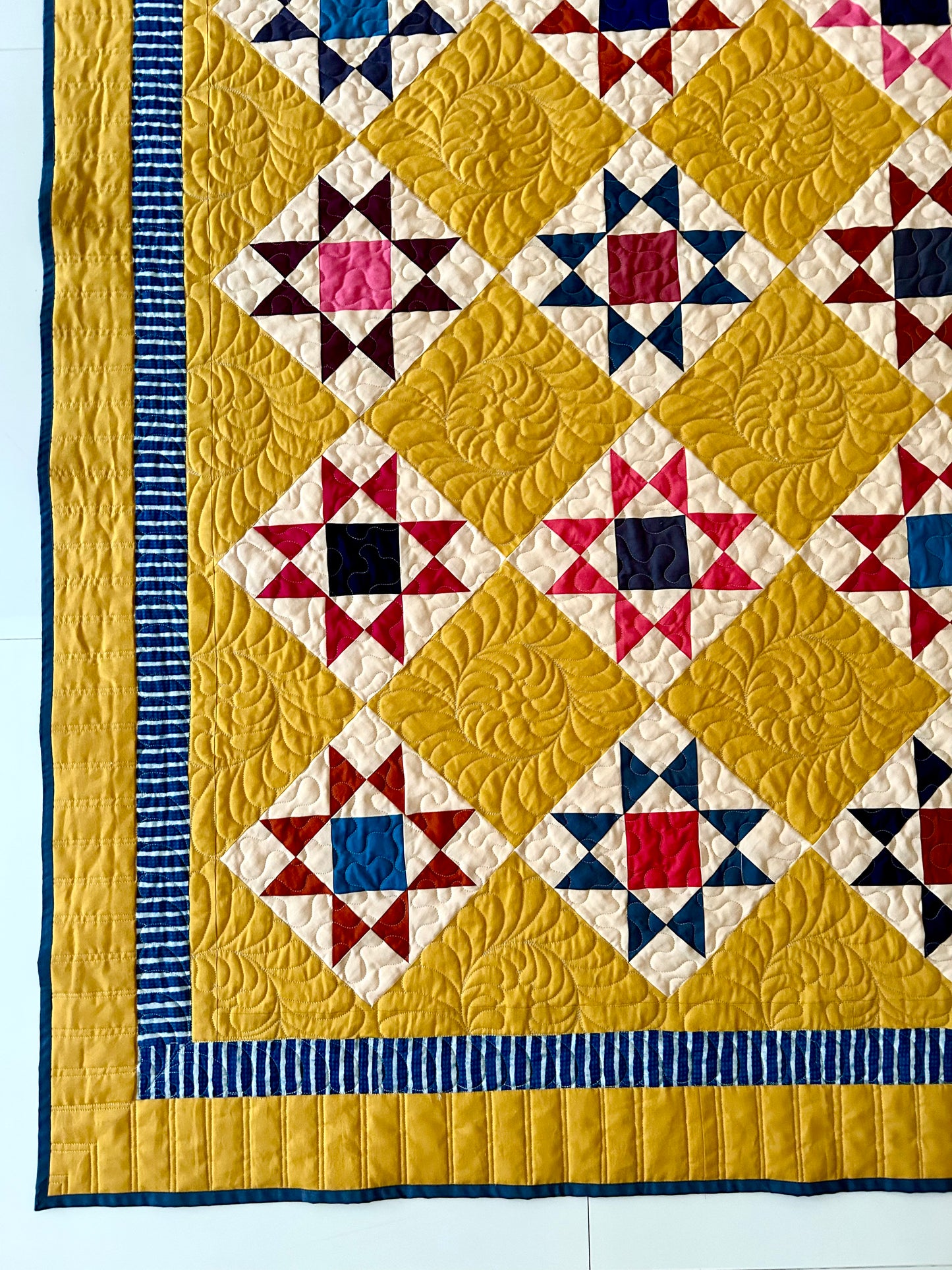 Mustard Reproduction Quilt | Handmade Homemade Throw Quilt | Colorful Patchwork Quilt | Geometric Cotton Quilt | 59 x 71