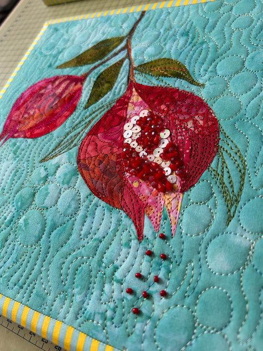 Beaded Pomegranate Textile Wall Art, Framed wall Art